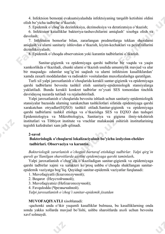 oitlar yaratish yo’li bilan soglig’ini saqlash va mustaxkamlashga, odamlarning kasallanishini pasaytirish va ish qobiliyatini oshirishga qaratilgan tadbirlar tizimini tushunish kerak. axolini sanitary-gigienik taminlash quyidagi tadbirlqr kompleksini (majmuasini) o’z ichiga oladi: 1. axoli joylashgan xududning sanitar-gigienik xolati razvedkasini tashkil etish va o’tkazish; 2. axolining jismoniy xolatini, uning joylashtirish sharoitini, ovqatlantirilishini, suv bilan taminlanishini va shaxsiy, kollektiv gigiena qoidalarini bajarilshini nazorat etish; 3. axoliga xammom-kir yuvish xizmati ko’rsatilishini tibbiy nazorat etish; 4. axolining barcha ob’ektlardagi ishlab-chiqarish faoliyatidagi gigienik talablarga rioya qilinishini va mexnat muxofazasini tibbiy control qilish 5. suvlarni, oziq-ovqatlarni va boshqa tashqi muxit ob’yektlarini sanitariy ekspertizalash bo’yicha tadbirlarni o’tkazish. axolini epidemiyaga qarshi taminlash - bu axoli o’rtasida epidemic kasalliklarni paydo bo’lishini oldini olish, agarda u paydo bo’lsa uni odamlar o’rtasida tarqalishiga yo’l qo’ymaslik va o’choqni bartaraflash maqsadida o’tkaziladigan tadbirlar kompleksidir. epidemiyaga qarshi tadbirlr quyidagilarni o’z ichiga oladi: 1. axolining ishlash ob’yektlari va joylashish rayonlarining sanitar-epidemik xolatini razvedka qilish va kuzatish; 2. …
