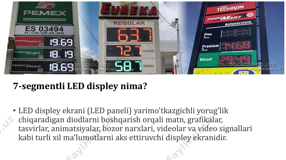 kasr sonlarini ko'rsatish uchun mo'ljallangan kasr nuqtasi ( dp ). segmentli displey oddiy led monitorlardan ko'p afzalliklarga ega. asosiy afzallik kichik o'lchamliligi, uzoq umr ko'rishligi, turli ranglarda yona olishligi, arzonligi va oson toppish mumkinligi, shuningdek, boshqa har xil elektron komponentlar va raqamli sxemalar bilan aloqa qilish osonligidir. https://ru.wikipedia.org/wiki/%d0%94%d0%b5%d1%81%d1%8f%d1%82%d0%b8%d1%87%d0%bd%d0%b0%d1%8f_%d1%82%d0%be%d1%87%d0%ba%d0%b0 • 7 segmentli displey deb nomlanishiga sabab, unda ma’lumotlarni chiqarish uchun 7ta leddan foydalaniladi. yettida ledning har biri segment deb ataladi. chunki har bir led chiqarilayotgan harf yoki raqamni bir qismi(segmeti)dir. ba'zan bitta paket ichida qo'shimcha 8- led ishlatiladi, bu biz o‘nlik kasr sonlarni namoyish etish uchun kerak. ya’ni u nuqtani namoyish etuvchi leddir. agar biz o‘nlik sonlarni ifodalamoqchi bo‘lsak tabiyki bizga yana qo`shimcha yetti segment kerak bo‘ladi. yetti segmentli displeylar bir-biriga ulanganda, o'nlik nuqta ko'rsatkichini (dp) ko'rsatiladi. displeydagi yettita ledning har biriga pozitsion segment belgilangan. har bir alohida ledni ifodalash uchun a dan g gacha harflardan nom sifatida foydalanilgan. • yetti …