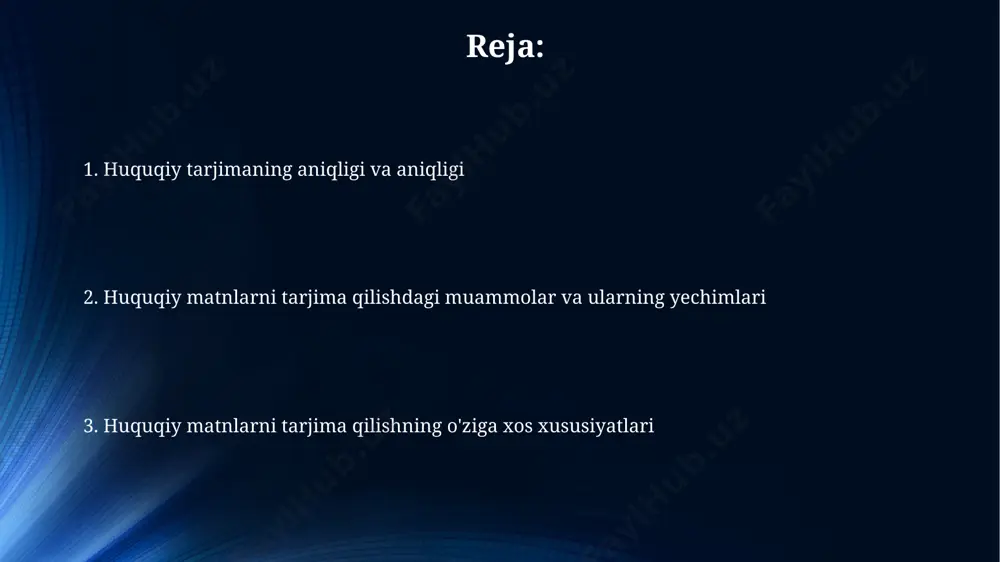 ko'p ma'noli so'zlarning tarjimasida, kamida 2 ta sinonimni taqqoslash va ularning huquqiy kontekstdagi aniq ma'nolarini aniqlash zarur. huquqiy matnlarni tarjima qilishning o'ziga xos xususiyatlari huquqiy matnlarning o'ziga xos xususiyatlari tufayli, tarjimon huquqiy tizimlar va 30 dan ortiq tegishli qonunchilik aktlari bilan tanish bo'lishi kerak. qonun hujjatlarini tarjima qilishda, kamida 2 nafar mustaqil tarjimon tomonidan tekshirish va 15% xatolik chegarasini nazorat qilish muhim. huquqiy matnlarni tarjima qilishda 90% dan ortiq aniqlikka erishish uchun terminologiyani chuqur bilish va kamida 5 yillik tajribaga ega bo'lish zarur. tarjima jarayonida texnologiyalardan foydalanish yuqori aniqlikdagi huquqiy matnlarni tarjima qilishda terminologiya bazalaridan va parallel korpuslardan foydalanish xatoliklar sonini 15% ga kamaytiradi. neyron tarmoqlar asosidagi mashina tarjimasidan foydalanish, inson tarjimonining ishini 50% ga tezlashtirib, huquqiy matnlarning tezkor tarjimasini ta'minlaydi. tarjima jarayonida kompyuter vositalaridan, xususan, cat (computer-assisted translation) dasturlari va mashina tarjimasidan foydalanish samaradorlikni 20-30% ga oshirishi mumkin. huquqiy terminologiyaning ahamiyati va tarjimasi huquqiy matnlarni tarjima qilishda kamida 3 …