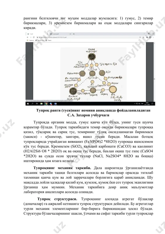 олинит (h2al2si6 о8 * 2h2о) оқ ва оқиш тус беради, баъзан оқиш тус гипс (саso4 *2h2o) ва сувда осон эрувчи тузлар (nacl, na2sо4* 8h2o ва бошқа) иштирокида ҳам юзага келади. тупроқнинг механик таркиби. дала шароитида ўрганилаётганда механик таркиби ташқи белгилари асосида ва бармоқлар орасида эзгилаб тахминан қанча қум ва лой заррачалари борлигига қараб аниқланади. шу мақсадда лойли ҳалқалар қилиб қум, қумлоқ, қумоқ ёки соз тупроқ эканлигини ўрганиш ҳам мумкин. механик таркибига доир аниқ маълумотлар лаборатория анализлари асосида олинади. тупроқ структураси. тупроқнинг алоҳида агрегат бўлаклар (доначалар) га ажралиб кетишига тупроқ структураси дейилади. бу агрегатлар турли механик элементларнинг бир-бирига бирикишидан ҳосил бўлади. структура бўлакчаларининг шакли, ўлчами ва сифат таркиби турли тупроқлар ҳамда уларнинг алоҳида горизонтларида ҳар хил бўлиб, с.а.захаров бўйича асосан: кубсимон, призмасимон ва плитасимон каби 3 типга ва ўз навбатида турлар ҳамда хилларга ажратилади. тупроқ структурасининг турлари ва шакллари. i кубсимон тип: 1- йирик увоқли; 2- ёнғоқсимон; 3- донадор; 4- чангсимон. …