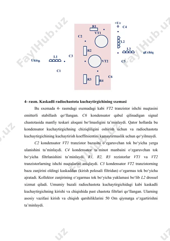 qori kuchaytiriladigan chastota 3 ggs gacha etishi mumkin. bunda shovqin koeffitsient 1,2 dan 1,5 dbgacha chegaralarda o‘zgaradi. m/a-com firmasining maalss0038 integral mikrosxemasi qo‘llangan radiochastota kuchaytirgichining prinsipial sxemasiga misol 5- rasmda keltirilgan. ( u kir u chiq l2 l3 l1 с1 с5 с4 +u t а с3 1 2 3 in 4 5 6 gnd gnd оuт/v dd ) 5- rasm. maalss0038 integral mikrosxema qo‘llangan radiochastota kuchaytirgichining prinsipial sxemasi