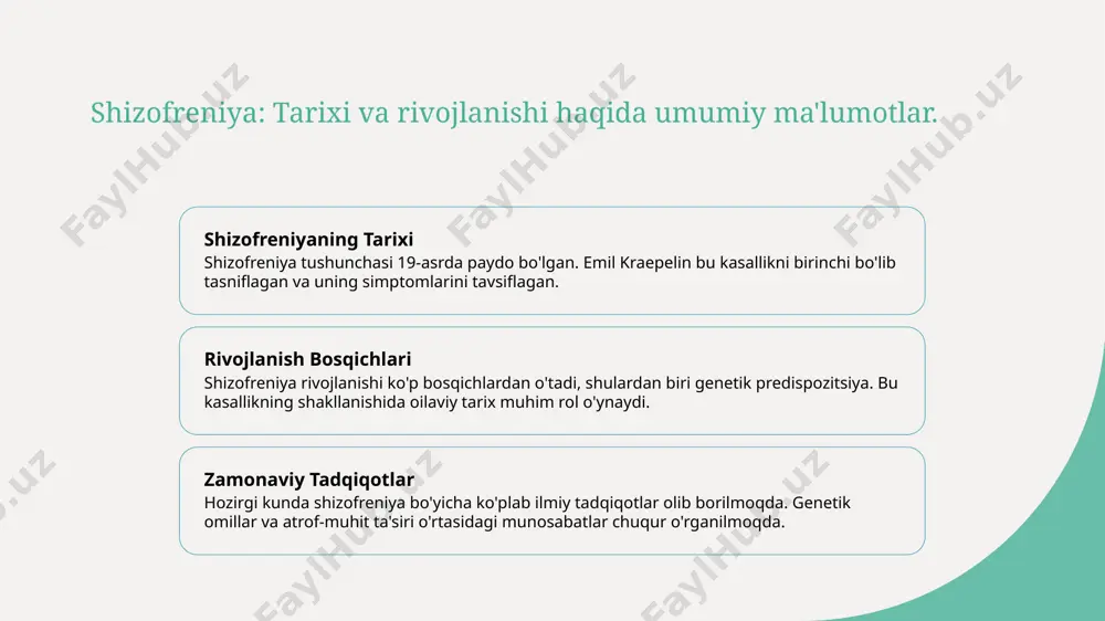ijtimoiy qo'llab-quvvatlashning yetishmasligi bilan bog‘liq. shizofreniya: genetik asoslar va merosiy omillar. genetik meros genetik omillar genom tadqiqotlari shizofreniya genetik meros orqali o'tishi mumkin. ota-onalar yoki yaqin qarindoshlar orasida shizofreniya mavjudligi, bu kasallik riski oshadi. shizofreniyaning rivojlanishida genetik omillar muhim rol o'ynaydi. xususan, 1-22-hujayraning aniq joylashuvi va gen mutatsiyalari kasallikning paydo bo'lishiga ta'sir qiladi. zamonaviy genom tadqiqotlari shizofreniya bilan bog'liq genlarni aniqlashga yordam beradi. bu tadqiqotlar kasallikni tushunish va davolashda yangi imkoniyatlar yaratadi. genetik predispozitsiya: shizofreniya rivojlanishiga ta'siri. genetik omillar genetik tadqiqotlar merosiy ta'sir shizofreniyaning rivojlanishida genetik omillar muhim rol o'ynaydi. oila tarixida shizofreniya bo'lgan insonlarda kasallik xavfi oshadi. zamonaviy genetik tadqiqotlar shizofreniyaga olib keluvchi genlarni aniqlashga qaratilgan. bu tadqiqotlar kasallikning biologik mexanizmlarini tushunishga yordam beradi. shizofreniyaning merosiy ta'siri 80% gacha yetishi mumkin. bu, shuningdek, atrof-muhit omillari bilan o'zaro ta'sirda rivojlanadi, kasallikni murakkablashtiradi. shizofreniyadagi genetik omillar va ularning davolanishdagi roli. 01 genetik omillar shizofreniyaning genetik omillari, irsiyat orqali o'tadigan genlar va …