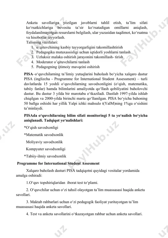 ey talis – turli mamlakatlarda tashkil etiladigan pedagogik jarayonlarning xalqaro qiyosiy tahliliga asoslangan tadqiqot bo‘lib, xalqaro iqtisodiy hamkorlik va rivojlanish tashkiloti tomonidan ta’sis etilgan. teaching and learning international survey maktabda pedagogik faoliyat yuritayotgan o‘qituvchilar va ta’lim muassasalari rahbarlarini ta’lim-tarbiya jarayonini tahlil etishga yo‘naltirish, ta’lim siyosatining asosiy aspektlari bo‘yicha ta’lim sifatiko‘rsatkichlarinianiqlashmezonlariniishlabchiqish xalqaro konsorsium, o‘qituvchilar assosiatsiyasi, mamlakat-lararo hamkorlikni yo‘lgaqo‘yish anketa savollariga yozilgan javoblarni tahlil etish, ta’lim sifati ko‘rsatkichlariga bevosita ta’sir ko‘rsatadigan omillarni aniqlash, foydalanilmayotgan resurslarni belgilash, ular yuzasidan taqdimot, ko‘rsatma va hisobotlar tayyorlash. talisning vazifalari: 1. o’qituvchining kasbiy tayyorgarligini takomillashtirish 2. pedagogika mutaxassisligi uchun iqtidorli yoshlarni tanlash 3. uzluksiz malaka oshirish jarayonini takomillash- tirish 4. moderator o’qituvchilarni tanlash 5. pedagogning ijtimoiy mavqeini oshirish pisa–o‘quvchilarning ta’limiy yutuqlarini baholash bo‘yicha xalqaro dastur pisa (inglizcha - programme for international student assessment) – turli davlatlarda 15 yoshli o‘quvchilarning savodxonligini (o‘qish, matematika, tabiiy fanlar) hamda bilimlarini amaliyotda qo‘llash qobiliyatini baholovchi dastur. bu dastur 3 yilda bir marotaba …