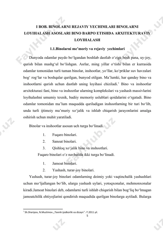 ma’lumki qish faslida bino ichiga olib kelingan issiqlik miqdori tashqi devor tom yopma orqali tashqi havoga sarf bo‘ladi. shu tashqi devor orqali tashqi havoga o‘tayotgan issiqlik miqdori ma’lum qarshilikka uchraydi. bu qarshilik issiqlik o‘tkazish qarshiligi deb ataladi. [3: h.o.jo’rayev, sh.h.quliyeva, f.s.to’rabekov, m.n.karimova ,,texnik ijodkorlik va dizayn’’.-t. ,,turon zamin ziyo’’ 2015 yil] 1.2.bino barpo etishda arxitekturaviy loyihalash har qanday bino va inshootlarni loyihalashda 1-chi navbatda ularni nazariy asoslash lozim. ma’lumki barcha bino va inshootlar odamlar uchun yaratilgan. yashash binolarida odamlarni yashash dam olish uchun barcha shart-sharoitlar yaratilishi lozim. jumladan me’yoriy mikro iqlim va nisbiy namlik havo almashishi va harorat maydonlari yaratiladi. buning uchun bino va tashqi to‘siq konstruksiyalarini issiqlik fizik hisoblari bajariladi. bu hisoblar natijasida tashqi devor va tom yopmalarning qalinligi tashqi devor uchun optimal samarali qurilish materiallari tanlab olinadi. hisoblar quyidagi tartibda bajariladi. ma’lumki qish faslida bino ichiga olib kelingan issiqlik miqdori tashqi devor tom yopma orqali tashqi havoga sarf …