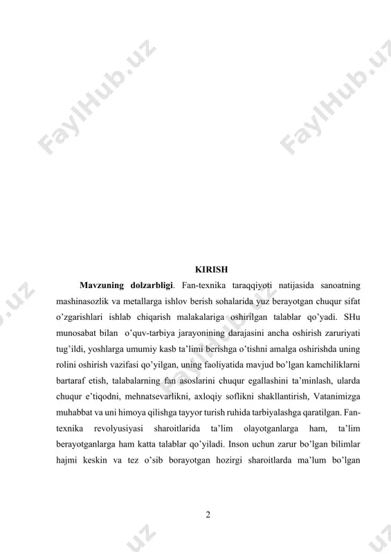 ng natijasi — mehnat unumdorligining o’sishida va bajarilayotgan ishlarning sifatini oshirishda yuqori natijalarga erishish; o’z bilimini o’zi muntazam ravishda oshirib borishi, novatorlar va ishlab chiqarish ilg’orlarining ijobiy tajribalarini qidirish, o’rganish va ulardan ijodiy foydalanish. shu boisdan ishlab chiqarish faoliyati jarayonida bilimlarni to’xtovsiz chuqurlashtirib borish bizning davrimizning eng muhim, ajralmas belgilaridan biri bo’lib qoladi. yoshlarga bilimlarning biror minimumini berishgina zarur bo’lib qolmasdan, balki ularga yangi qiyin muammolarni mustaqil hal etishga o’rgatish, haqiqiy novator bo’lish, mustaqil bilim olishga o’rgatish ham zarurdir. yuqorida aytib o’tilgan talablarga muvofiq o’z kasbiy mahoratini oshirish yuzasidan mustaqil ish qilish usulidir. to’la mustaqillik ko’rsatish asosida, ya’ni bilim va o’quvlarni tatbiq etish, o’zo’zini o’qitish asosida, o’qituvchi yoki o’quv masterning - bevosita rahbarligisiz amalga oshirilganidagina aktiv fikrlash faoliyati borligi to’g’risida so’z yuritish mumkin o‘zbekiston respublikasida olib borilayotgan islohatlar, mamlakatni ijtimoiy-iqtisodiy rivojlantirishning ustivor yo‘nalishlariga muvofiq kadrlarni sifatli o‘qitish va tarbiyalash, mustaqil fikrlashga qodir bo‘lgan, hozirgi zamon bozor sharoitlarida ishni izchil tashkil …