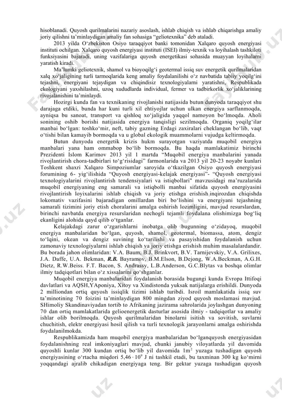 o‘g‘risidagi fikr – mulohazalarda bu sohada erishilgan yutuqlar va kelajakda qayta tiklanadigan energiyaning eng samarali va istiqbollli manbai sifatida quyosh energiyasini rivojlantirish loyihalarini ishlab chiqish va joriy etish vazifasini bajarishga erishish energiya tejamkorligida asosiy omillaridan biri bo‘lishini belgilab berdilar[1]. respublikamiz birinchi prezidenti islom karimov tomonidan 2013 yil 1 martda qabul qilingan “muqobil energiya manbalarini yanada rivojlantirish chora-tadbirlari to‘g‘risida” gi farmoni hamda 2015 yil 5 maydagi “iqtisodiyot tarmoqlari va ijtimoiy sohada energiyatejamkor texnologiyalarni joriy etish, energiya sarfini kamaytirish bo‘yicha 2015-2019 yillarga mo‘ljallangan chora-tadbirlar to‘g‘risida”gi qarorida ko‘rsatilganidek ishlab chiqarish korxonalarini zamonaviy, samarador va tejamkor texnologiyalar asosida modernnizatsiya qilish, texnik va texnologik o‘zgartirish orqali sarflanadigan energiya miqdorini kamaytirish, muqobil energiya manbalaridan foydalanish texnologiyalarini xayotga tadbiq etish ustuvor vazifalardandir[2,3]. xozirgi zamon energetikasi ikkita asosiy yo‘nalish bilan belgilanadi: 1) yoqilg‘i-energetik resurslarni tejash, energiyani ishlab chiqarishda va foydalanishda uni saqlash, chiqindisiz texnologiyalardan foydalanish, atmosferaga issiqlik chiqishini va turli chiqindilar tarqalishini kamaytirish; 2) muqobil energiya manbalar turlaridan …