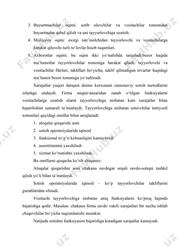 ashyo va materiallarni, texnik bilimlarni qo‘llangan holda ishlab chiqarish talablar orqali aniqlanadi. ko‘pgina iste’molchilarga chegaralangan naborda ko‘p hajmli tovarlar ishlab chiqaradilar. xaridorga xizmat ko‘rsatishni yaxshilash bilan vositachi shug‘ullanib, u xaridorni ham mahalliy sharoitlarni va tovarni qo‘llash sharoitlarini yaxshi biladi. vositachi mahalliy sharoitga tez ko‘nikib, sotuvdan keyingi xizmat ko‘rsatish bilan yaxshi ta’minlaydi. raqobat sharoitida vositachilarga xizmat ko‘rsatish sifatini oshirishga va xarajatlarni kamaytirishga to‘g‘ri keladi. sotish kanalining vertikal strukturasi. sotish kanali strukturasini tanlash ayirboshlash jarayoni ishlovchilari orasida majburiyatlarni taqsimlash haqidagi savolni yechishga olib keladi. sotish kanaliga tegishli quyidagi vositalar guruhi mavjuddir. ulgurji savdogar chakana savdogar. agentlar va brokerlar xizmat ko‘rsatish bo‘yicha tijorat kompaniyalari. ulgurji savdogarlar - boshqa sotuvchilarga, ya’ni chakana savdogarlarga yoki mijozlarga-tashkilotlarga tovarni sotadigan vositachilar, bular tovarni oxirgi iste’molga sotmaydilar. ular tovarlarni ishlab chiqaruvchilar yoki importerlardan sotib olib, bu tovarlarga qo‘shimcha xizmatlar ko‘rsatadi. chakana savdogarlar - oxirgi iste’molchining ehtiyojini qondirish uchun ularga tovarni sotadigan savdogarlar. ular sotadigan mahsulotiga mulkchilik huquqiga ega …