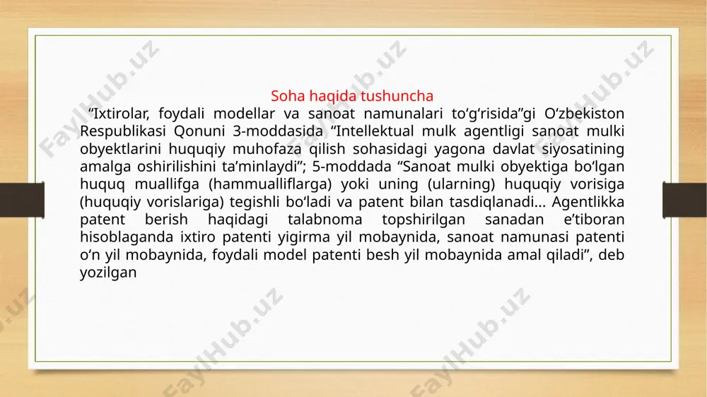 oʻzbekistonda ushbu koʻrsatkich 0,09-0,21 talabnomani tashkil etgan. demak, aytish mumkinki, intellektual mulk — oʻn minglab ixtirochilarning jasorat maydoniga aylanib borayotir. bu haq gap. binobarin, intellektual mulk yuqori texnologiya va oʻta iqtidorlilar biznesiga kiradigan oʻn minglab intellektuallarning fundamental instrumenti hamdir. aqsh, shvetsiya, fransiya, germaniya, yaponiya, janubiy koreya, malayziya va boshqa iqtisodiyoti rivojlangan mamlakatlar intellektual mulk instrumentidan jahon pul oqimini qayta taqsimlash maqsadida foydalanadi. image5.png image6.png image7.jpeg image3.png image4.png /docprops/thumbnail.jpeg