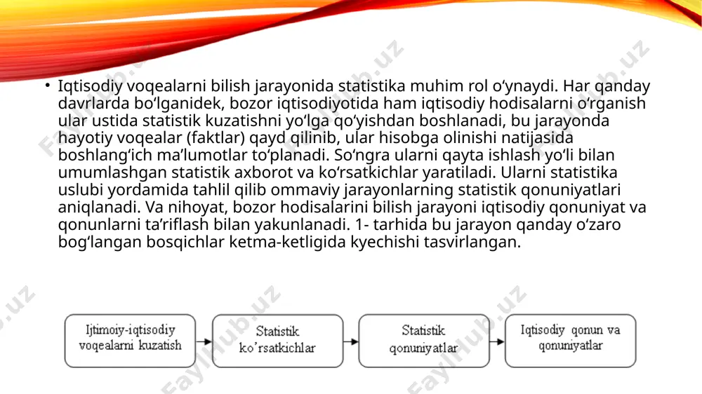 lanishi, korxonalarning ishlab chiqarish turlari bo‘yicha taqsimlanishini ko‘rsatish mumkin. ro‘yxatlar muvaffaqiyatli bo‘lishini quyidagi talablar ta’minlaydi: • ro‘yxat qisqa muddatda o‘tishi; • ro‘yxat bir vaqtning o‘zida butun mamlakat hududida amalga oshishi; • ro‘yxatga olish vaqti kuzatilayotgan hodisaning eng kam tebranishga ega bo‘lgan holatiga tenglashtirilishi; • har teng vaqt oralig‘ida ro‘yxatlarni takrorlab turish; • yangi ro‘yxatni o‘tkazayotganda olinadigan natijalarni taqqoslamaligini ta’minlash niyatida oldingi kuzatish tartibini saqlab qolish kerak. ro‘yxat – bu barqaror hodisalarning keskin fursatda mavjud holati haqidagi ma’lumotlarni yoppasiga kuzatish yo‘li bilan vaqtma-vaqt to‘plash jarayoni. biznes-tekshirishlar savolnomalar yordamida iqtisodiy holatni tahlil qilish va qisqa muddatli iqtisodiy istiqbolni belgilash uchun savol-javob yo‘li bilan tadbirkorlardan ma’lumotlar to‘plashdir. joriy maxsus tekshirishlar - bu maxsus respondentlarni yollab hodisalar haqida boshlang‘ich ma’lumotlarni muntazam yoki vaqtma-vaqt qayd qilish yo‘li bilan to‘plash jarayonidir. image2.png image3.png image4.png image1.png /docprops/thumbnail.jpeg