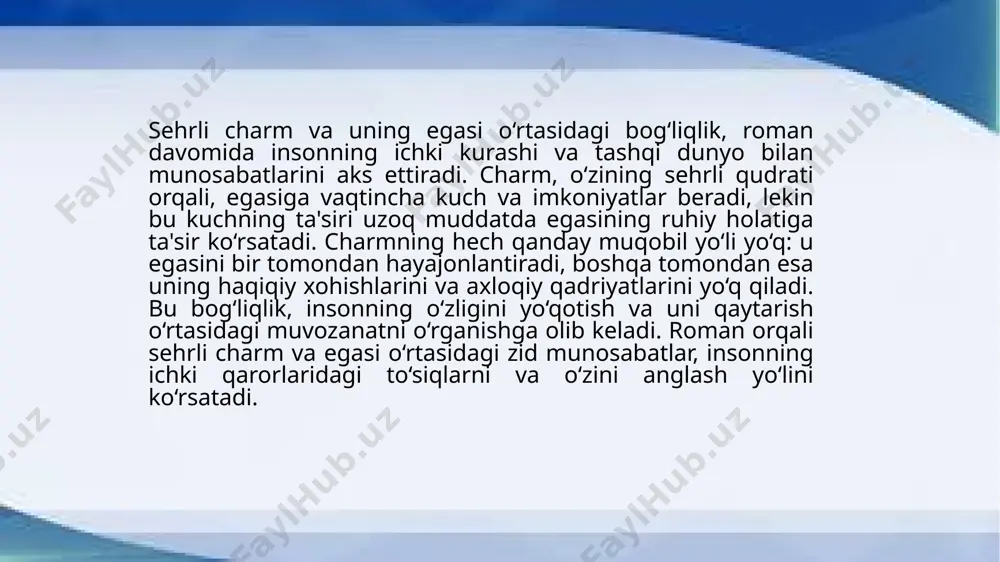 ziga xos qat'iyati, insonni o‘z ichki istaklarini amalga oshirish yo‘lida to‘siqlar bilan yuzma-yuz qiladi. har bir qaror, istaklar va orzularni amalga oshirishda, inson taqdirining izchil qonunlariga duch keladi, bu esa uning hayotini murakkablashtiradi. inson o‘zining istaklarini amalga oshirishga intilganda, taqdir ularni o‘zgartirishga harakat qiladi, bu esa o‘z navbatida, ichki ziddiyat va kurashni yuzaga keltiradi. bu qarama-qarshilik, insonning o‘z orzularini amalga oshirishga bo‘lgan intilishining oxir-oqibatdagi fojialari va taqdirga qarshi kurashining noaniqligini ochib beradi. 4. hayot, muhabbat va o‘lim o‘rtasidagi falsafiy mushohada. roman, insonning hayot, muhabbat va o‘lim o‘rtasidagi o‘zaro bog‘liq va murakkab munosabatlarini chuqur tahlil qiladi. hayot, o‘zining cheksiz imkoniyatlari va qiyinchiliklari bilan insonni qarorlar qabul qilishga majbur qiladi, ammo muhabbat, o‘z navbatida, hayotning ma'nosini topish va ularni boshqarishdagi eng kuchli ta'sirchi hisoblanadi. muhabbat insonni baxtli qiladi, lekin shu bilan birga, o‘lim bilan yuzlashishni ham o‘rgatadi. o‘lim, insonning hayoti va muhabbati bilan bog‘liq bo‘lgan barcha orzular va xohishlarni oxir-oqibatda hal qiladi. …