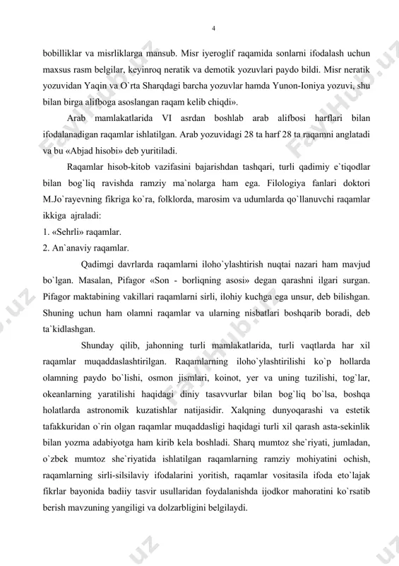 arning ramziy-majoziy ma`nolarini yoritish va raqam ramzlaridan foydalanishda u yoki bu shoir mahoratiga ham do`qqatni qaratishdir. shuningdek, raqamlarning badiiy funksiyalarini aniqlash, magik sonlarning badiiy obraz darajasiga ko`tarilish jarayonini tahlil qilish ham bitiruv malakaviy ish maqsadiga ko`radi. bitiruv malakaviy ish vazifalari. bitiruv malakaviy ishda ko`zda tutilgan maqsadni amalga oshirish uchun quyidagilar e`tiborga olindi: - raqamlarning diniy-mifologik, kosmogonik tushunchalar, urf-odat va marosimlar bilan bog`liq jihatlariga tayanib, ularning badiiy ijoddagi o`rni, informativ va estetik funksiyasini yoritish; - sharq mumtoz adabiyoti, jumladan, o`zbek adabiyotida qo`llanilgan raqamlarning an`anaviy g`oyaviy-badiiy, ramziy-majoziy ma`nolarini keng miqyosda ochib berish; - alisher navoiy ijodida qo`llanilgan ramziy raqamlar ko`lami va uning boshqa ijodkorlardan farqli jihatlarini tadqiq qilish; - mumtoz shoirlarimiz, jumladan, alisher navoiyning ramziy raqamlarni qo`llashdagi mahoratini yoritish. bitiruv malakaviy ishning ilmiy yangiligi. mumtoz she`riyat o`zning g`oyaviy-badiiy sirlarini ochishda raqamlarning ham o`ziga xos o`rni va vazifasi bor. ammo bu sohada, ayniqsa, tasavvufiy adabiyot namunalaridagi raqamlarning ma`no-mohiyatini yoritishda maxsus bir ilmiy bitiruv …