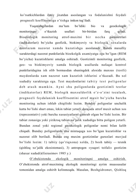 sh davlat qo’mitasi. tabiatni muxofaza qilish davlat qo’mitasi o’zbekiston respublikasi bo’yicha “atmosfera xavosi, tuproq va ochiq xavzalarning yagona monitoring sxemasi” ni tayyorlash bo’yicha ishlarni davom etirmoqda. bu borada 1990-yillarning ikkinchi yarmida tuproq va grunt suvlarini ifloslanish manbalarini o’rganish davom etirildi. masalan, kuplab turli ob’ektlarda pestitsid, og’ir metallar, fenollar kabi moddalarni laboratoriya analizidan o’tkazildi. endilikda qo’mitaning analitik bazasi atmosfera xavosi ifloslanishini 30, suv ob’ektlarini 40, tuproqni 22 ingredientlar bilan bulg’alanishini nazorat qila oladi. respublikaning atrof muxitini ifloslanish manbalarini yagona monitoring tizimi quydagilarni nazarda tutadi: 1) nazoratga tegishli bo’lgan korxonalar va ustivor manbalarni xamda inventarizatsiya qilishni bosqichma-bosqich o’tkazish; 2) boshqa muassasalarning (boshgidromet, qishloq va suv xo’jaligi, geologiya qo’mitasi, komunal xizmat ko’rsatish vazirliklari va b.) axborotlaridan foydalanish; 3) test ob’ektlarida (xavo, suv va tuproq xolati bo’iicha) kuzatishlar olib borish, 4) ifloslanish manbalari monitoringi tizimida ma’lumotlarni analiz qilish, umumlashtirish va tartibga solish, 5) qo’mita bazasida respublika va viloyatlar bo’iicha ma’lumotlar bankini vujudga keltirish; 6) …