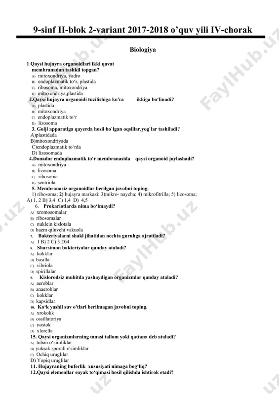 oks darajalarini namoyon qila oladi ?--------------------------------------------------------------------- 13 0.5mol 2,2,3,trimetilbutandagi uglerod massasi ? ______ 14. 0.25mol etilen olish uchun necha gramm etil spirti zarur ___ 15 laboratoriyada vodorod sulfid qaysi reaksiya yordamida olinsdir-ya teng yozing _________________ 9-sinf ii-blok 2-variant 2017-2018 o’quv yili iv-chorak rus tili 1. на какой вопрос отвечает придаточное определительное предложение? а) какой? в) где? с) когда? д) почему? 2. что означает фразеологизм "как свои пять пальцев"? а) знать очень хорошо в) плохо с) наедине д) говорить безответственно 3. в каком предложении есть придаточное места? а) я не пришёл на урок, потому что заболел. в) они назначили встречу там, где находится театр имени алишера навои. с) книга, которую я взял в библиотеке, была интересная. д) дул ветер, шёл сильный дождь. 4. что такое прямая речь? а) чужая речь, переданная без изменений в) чужая речь, переданная не до конца с) чужая речь, переданная с изменениями д) чужая речь, переданная кратко …