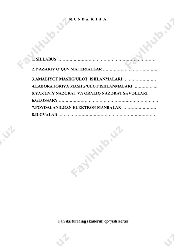 arajasida informatika mazmunini loyihalashtirish, ilmiy axborotni o‘quv axboroti sifatida qayta ishlashga o‘rgatish. o‘quv mashg‘ulotlarini tashkil etish va o‘tkazish metodikasi o‘quv mashg‘ulotlarini tashkil etish usullari. o‘quv mashg‘ulotlarining turlari, ularning maqsad va vazifalari. o‘quv mashg‘ulotlarining mazmuni va uni o‘tkazish metodikasi. 8-mavzu: o‘quv maqsadi va natijalarini loyihalashtirish. darsdan tashqari mashg‘ulotlar. darsdan tashqari mashg‘ulotlar va ularning turlari. darsdan tashqari mashg‘ulotlarni tashkil etish metodikasi. 9-mavzu: informatikani o‘qitish maqsadi, metod va vositalari, natijalarini loyihalashtirishning nazariy asoslari. o‘qitishning meyoriy hujjatlari davlat ta’lim standarti va uning tuzilishi. davlat ta’lim standartiga qoyiladigan talablar. davlat ta’lim standartining mazmuni. davlat ta’lim standartida o‘quvchilarning kompetensiyasiga qoyiladigan talablar. fan dasturi va uning mazmuni. 10-mavzu: o‘quv mashg‘ulotlarini loyihalashtirish. o‘quv jarayonini rejalashtirish o‘quv jarayonini rejalashtirish turlari. o‘quv jarayonini yillik va tematik rejalashtirish. bir soatlik (juftlik) dars mashg‘ulotini rejalashtirish. dars rejasi, uning asosini tashkil etuvchilari. 11-mavzu: pedagogik faoliyatda dars tahlili. dars tahlili, uning turlari va uni amalga oshirish usullari. dars tahlilining maqsad va vazifalari. dars tahlilini …