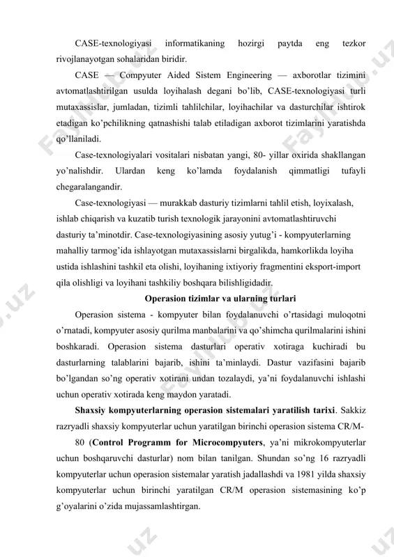 s dos о’z kо’chini yuqotdi deyaolmaymiz. ms dos va uning qobiq dastursi hisoblangan norton commander sistemalari turli klavishlar va menyular iborat komandalar bilan ishlashga mо’ljallangan bо’lishiga qaramay, foydalanuvchilar uchun qulay amallarni tez bajaradi. operasion sistema funksiyalari. agar operasion sistema (os) tushunchasini qisqacha izohlasak bu boshqaruv dasturidir. os bu kompyuterning fizik va dasturiy resurslarini taqsimlash va ularni boshqarish uchun ishlatiladigan dastur. kompyuter resurslari ikki xil: fizik va dasturiy resurslarga bо’linadi. fizik resurslar bu: · xotira, · vinchester, · monitor, · tashqi qurilmalar, · va shu kabilar kiradi. dasturiy resurslar bu: · kiritish va chiqarishni boshqaruvchi dasturlar, · kompyuter ishlashini taminlaydigan boshqaruvchi dasturlar, · berilganlarni taxlil qiluvchi dasturlar, · drayverlar, · virtual ichki va tashqi xotirani tashkil qiluvchi va boshqaruvchi dasturlar, - va shu kabilardir. dasturlash sistemasi-dasturlash tillari va ularga mos til prosessorlari majmuasidan iborat bо’lib, dasturlarga ishlov berish va sozlashni taminlovchi dasturlar tо’plamidan iborat. dasturlash sistemasining tashkil qiluvchilar (dasturlar) amaliy dasturlar …