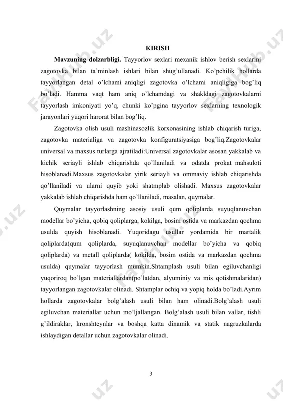 otovkalar tannarxi bolg’alangan zagotovkalar tannarxidan kamroq. agar yirik seriyali va ommaviy ishlab chiqarishda ishlab chiqarish dasturi bo’yicha ma’lum miqdordagi zagotovkalar kerak bo’lsa zagotovkalar shtamplar ko’rinishida qo’llaniladi, chunki bunday zagotovkalar tayyorlash uchun qimmatbaho shtamplar zarur, bunday hollarda ularning tannarxi katta miqdordagi zagotovkalar miqdoriga taqsimlanadi. zagotovka olish usullari prokat zagotovkalari(doiraviy, kvadratli, oltiburchakli) berilgan prokatning biror bir turiga konfiguratsiyasi bo’yicha yaqin, ya’ni detal ko’ndalang kesimlarida aytarli farq bo’lmaganda va uning yakuniy shaklini olishda katta miqdordagi metall qatlamini olib tashlashni oldini olish mumkin bo’lgan detallarda qo’llaniladi. kurs ishi maqsadi: bolg’alangan va shtamplangan xomashyoni o’rganish mavzusini o'rganish va tadqiq etishdan iborat. kurs ishi vazifalari: 1. bosim ostida ishlov berishning mohiyati va ahamiyatini o'rganish; 2. metallarni bolg‘alashni o'rganish; 3. materiallarni shtamplashni o'rganish; 4. rangli metallarni bosim ostida ishlashni o'rganish va tahlil etishdan iborat. kurs ishi ob’ekti: bolg’alangan va shtamplangan xomashyo. kurs ishi predmeti: bolg’alangan va shtamplangan xomashyoni o’rganishning amaliy ahamiyati . kurs ishi tuzilishi: kirish, ikki …