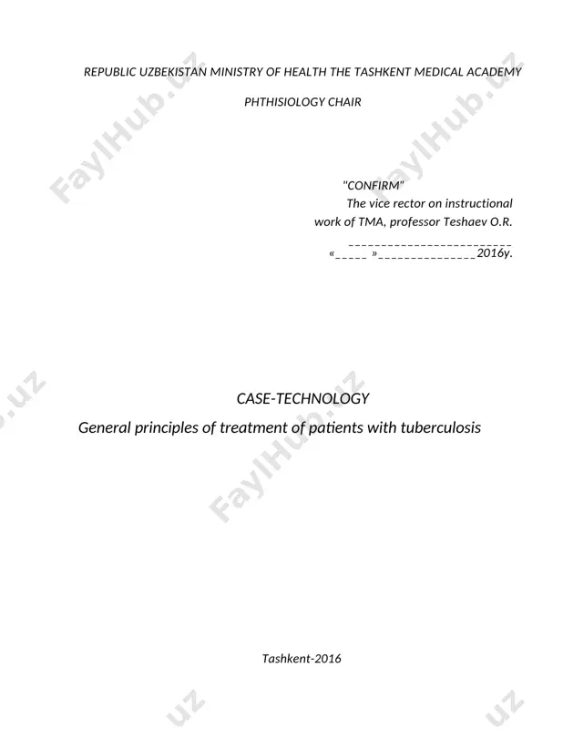 ntiation and registration of clinical and definitive diagnoses. for the successful decision of the given case - the student should know · an aetiology and epidemiology from lungs; · pathogenetic and immunological mechanisms of development from lungs; · to diagnose the basic clinical variants from lungs; -to analyze results of laboratory, tool and radiological data of research; · to formulate the clinical and definitive diagnosis of patients with from lungs; · to estimate a stage, the form, a variant, weight and a phase of a current, complication from lungs; -to appoint rational complex antibacterial chemotherapy the patient with from lungs; · methods of the account and supervision over contact persons, carrying out of preventive actions; the given case reflects a real situation in the conditions of a primary link sources of the information of a case 1. rabuhin a.e. «the tuberculosis of breath organs», m, 1976. 2. homenko a.g. «the …
