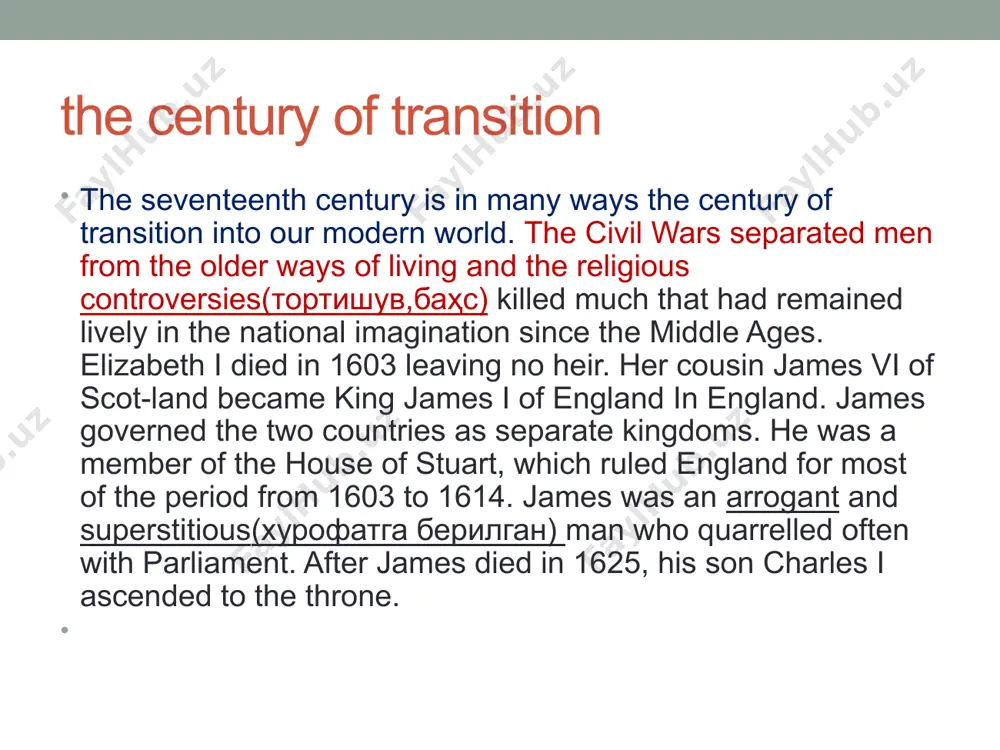 son of the executed king, ascended the throne in 1660. charles ii’s reign was followed by the brief reign of his brother james ii, who came to the throne in 1685. the years between 1660 and 1688 are called the “restoration”. political events by that time two main parties had been formed in parliament, one representing the interests of businessmen, the other, the interests of the land-owners and clergy. the two parties hated each other so much that the insulting nicknames of “whigs” for businessmen and “tories” for landowners were invented. later, these names came to be used officially. in 1688 the parliament worked out the bill of rights, according to which the royal power, the armed forces, and taxation were brought under the control of parliament. king james fled to france, and in 1689 the crown was offered to his daughter mary and her husband william of holland. these …