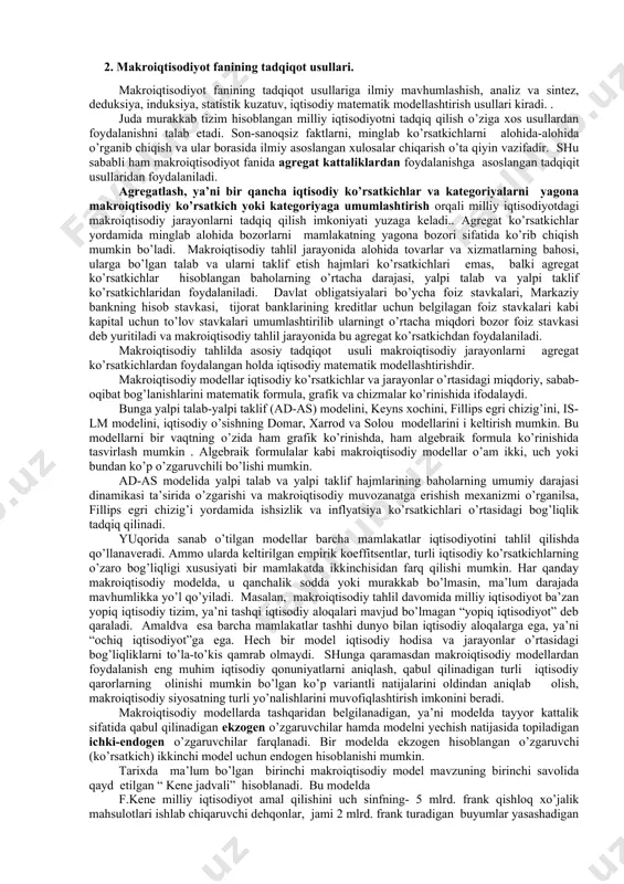 metlarini yaxshiroq farqlab olishga yordam beradi. nisbatan mustaqil bo’lgan bu ikki fanning iqtisodiy hodisalar va qonuniyatlar to’g’risidagi xulosalari bir birini to’ldirib turadi.. uy xo’jaliklari, firmalar, davlat va tashqi dunyo makroiqtisodiyot sub’yektlari hisoblanidilar. 1.1-jadval. iqtisodiy nazariyaning asosiy masalalari va tarkibi iqtisodiy nazariyaning masalalari iqtisodiy nazariyaning bo’limlari mikroiqtisodiyot iste’molchilar bozordagi talab hajmi va tarkibini qanday belgilaydilar? ishlab chiqaruvchilar mahsulot ishlab chiqarish hajmi va usullarini qanday aniqlashadi? bozor bahosi qanday tashkil topadi? milliy daromad qanday taqsimlanadi? davlat ishlab chiqarish omillarini tarmoqlar-aro taqsimlash va milliy daromadni individ-lararo taqsimlashda ishtirok etishi kerakmi? iste’molchi talabi nazariyasi mahsulot ishlab chiqarish va taklif etish nazariyasi tarmoq va umumiy iqtisodiy muvozanat nazariyasi ishlab chiqarish omillar bahosini shakllantirish nazariyasi ijtimoiy farovonlik nazariyasi makroiqtisodiyot milliy daromad miqdorini nima belgilaydi? pul nima va uning roli qanday? baholar darajasi nima va uning dinamikasini qaysi omillar belgilab beradi? bandlik darajasini nima belgilab beradi? iqtisodiy kon’yuktura o’zgarishlarinni qaysi omillar belgilab beradi? barqaror iqtisodiy o’sishning shartlari …