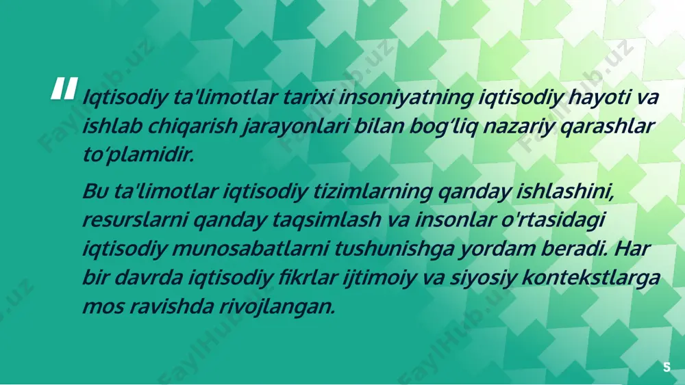 giyaga oid ishlar yozib qoldirgan. • u pulning roli haqida, iqtisodiy munosabatlarning turli shakallari haqida yozgan. • aristotel bozor mexanizmlari, talab va taklif haqida fikr yuritgan. • u tabiiy haqiqqat va adolatli iqtisodiy munosabatlar haqida fikr yuritgan. 22 23 qadimgi iqtisodiy davr: mashhur shaxslar va ularning iqtisodiy qarashlari . miloddan avvalgi 3000 yil - milodiy v asr. qadimgi gretsiya ▎3. ksenofont (miloddan avvalgi 430-354) • asosiy asar: "oikonomik" • iqtisodiy qarashlari: • oila va xo‘jalikni boshqarish nazariyasi. • iqtisodiy samaradorlik va resurslarni oqilona boshqarish. • oila va davlat o‘rtasidagi iqtisodiy aloqalar. • natija: ksenofont o‘z asarlarida shaxsiy mulk va xo‘jalik faoliyatining ahamiyatini ta'kidlagan. 24 ksenofont (miloddan avvalgi 430-354) qadimgi yunon tarixchisi va davlat arbobi. afinada boy oilada tugʻilgan, suqrotning shogirdi. miloddan avvalgi 401 yil eron taxti daʼvogari kichik kirning bobilga yurishida qatvashgan. kir halok boʻlgach, kichik osiyo, qora dengiz sohillariga chekivayotgan 10000 kishilik yunon qoʻshiniga rahbarlik qilgan (bu voqealarni u …