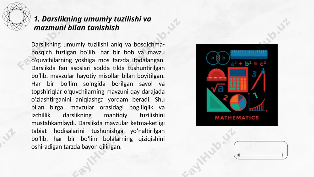 h bilan yondashishlariga yordam beradi. bunda o‘quvchining fikrlash va bilimni mustahkamlash ko‘nikmalarini rivojlantirishga katta e’tibor berilgan. ... t.me/slaydai_bot darslikdagi asosiy mavzular o‘quvchilarga oddiy va oson tushuniladigan tarzda taqdim etilgan. har bir mavzu boshlang‘ich bilimlarga tayangan holda, qadam-baqadam yoritilgan, bu esa o‘quvchiga yangi tushunchalarni mustahkamlashga yordam beradi. o‘quvchilarning qiziqishini saqlash uchun mavzularni real hayot bilan bog‘lash va ularning kundalik tajribalari orqali tushuntirish usuli qo‘llanilgan. mavzularni yoritishda rangli tasvirlar va diagrammalardan foydalanish o‘quvchilarning diqqatini jalb qiladi, shuningdek, o‘quvchilarga amaliy topshiriqlar, misollar va kuzatishlarni o‘zlashtirishga imkon beradi. bu yondashuv o‘quvchilarning o‘rganish jarayoniga faol ishtirok etishini ta’minlaydi va ularning bilimlarini mustahkamlashda samarali yordam beradi. ... t.me/slaydai_bot 3. illyustratsiyalar, topshiriqlar va amaliy mashg‘ulotlarning sifati darslikdagi illyustratsiyalar o‘quvchilarning tasavvurini rivojlantirishga yordam beradigan sifatli va aniq tanlangan. har bir illyustratsiya mavzuga mos ravishda tushunarli tarzda tasvirlangan, bu esa o‘quvchilarga o‘rganilayotgan tushunchalarni vizual tarzda qabul qilish imkonini beradi. rasmlar va diagrammalar murakkab tushunchalarni soddalashtirishga yordam beradi va o‘quvchilarga …