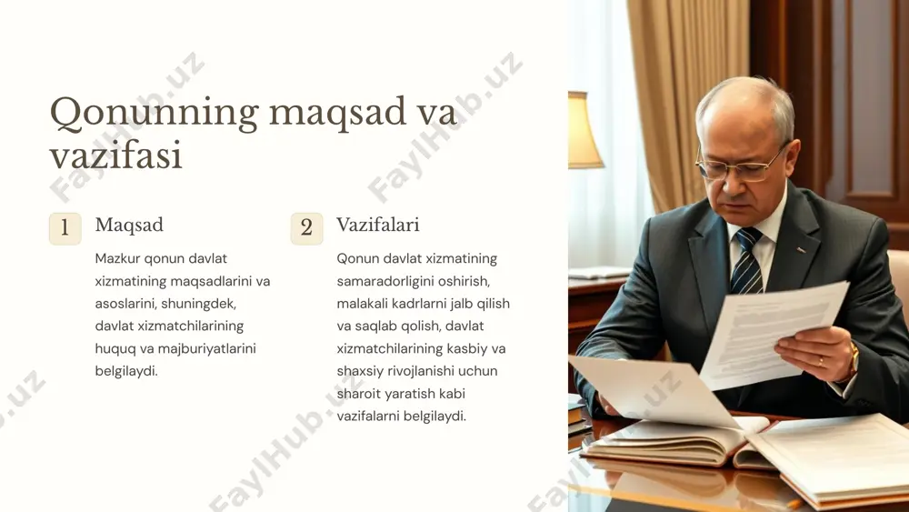 atida shaffoflik va ochiqlik tamoyili amal qiladi. fuqarolar davlat xizmati faoliyati haqida to'liq ma'lumotga ega bo'lish huquqiga ega. munosiblik davlat xizmatida inson huquqlari va erkinliklariga, qonuniylik, adolat, teng huquqlilik va boshqa prinsiplarga rioya qilish talab etiladi. 4 davlat xizmati prinsiplari 1 qonuniylik davlat xizmati faoliyati qonunlarga muvofiq amalga oshiriladi. 2 fuqarolik davlat xizmati faqat fuqarolik asosida amalga oshiriladi. 3 siyosiy betarafllik davlat xizmatchilari siyosiy qarashlarida betaraf bo'lishlari lozim. 4 vakolatlarni bajarish davlat xizmatchilari faqat qonun bilan belgilangan vakolatlarini amalga oshiradilar. 5 davlat xizmatchilarining huquqlari va majburiyatlari huquqlari kasbiy faoliyatni amalga oshirish, xizmat safari, malakani oshirish, ijtimoiy himoya, moddiy ta'minot va boshqalar. majburiyatlari qonunlarga rioya qilish, mas'uliyat va intizomni saqlash, davlat sirini saqlaish, kasbiy mahoratni oshirish va boshqalar. kasbiy etika davlat xizmatchilari faoliyatida insonparvarlik, adolatlilik, halollik va boshqa etik tamoyillarga amal qilishi lozim. 6 davlat xizmati vakansiyalarini to'ldirish tartibi tanlash davlat xizmati vakansiyalari asosan tanlov asosida to'ldiriladi. tanlov jarayoni shaffof va …