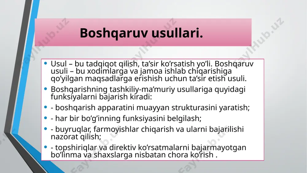 . boshqarishni insonparvarlashtirish tartibga solish davri bu davrda yangi yo’nalishlar, maktablar, oqimlar shakllandi. boshqaruv takomillasha boshladi. axborot davri bu davrda yangi axborot almashinuvi kuchaydi, menejment maktablari ish faoliyatlari rivojlandi. boshqaruv maktablari miqdoriy maktab sinfiy maktab inson munosabatlari va xulqiy maktab ilmiy maktab ma’muriy maktab boshqaruv elementlarini yagona jarayonga birlashtirib va yagona maqsadga bo’ysundirishni integratsiya usuli deb ataymiz. ish jarayonida paydo bo'lgan muammo va masalalarning yechimini topish va to'g'ri qaror qabul qilish, rahbardan katta aql – idrok, tafakkur va tajriba talab qiladi. e’tiboringiz uchun rahmat ! image2.png image3.jpeg image4.jpeg image5.jpeg image6.jpeg image7.png image8.png image9.png image10.wmf image11.wmf image12.wmf image13.wmf image14.wmf image15.wmf image16.wmf image17.gif /docprops/thumbnail.jpeg