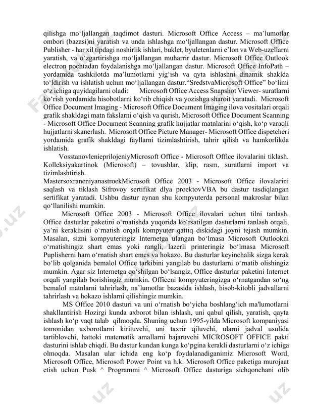 aratish, va o‘zgartirishga mo‘ljallangan muharrir dastur. microsoft office outlook electron pochtadan foydalanishga mo‘ljallangan dastur. microsoft office infopath – yordamida tashkilotda ma’lumotlarni yig‘ish va qyta ishlashni dinamik shaklda to‘ldirish va ishlatish uchun mo‘ljallangan dastur.“sredstvamicrosoft office” bo‘limi o‘z ichiga quyidagilarni oladi: microsoft office access snapshot viewer- suratlarni ko‘rish yordamida hisobotlarni ko‘rib chiqish va yozishga sharoit yaratadi. microsoft office document imaging - microsoft office document imaging ilova vositalari orqali grafik shakldagi matn fakslarni o‘qish va qurish. microsoft office document scanning - microsoft office document scanning grafik hujjatlar matnlarini o‘qish, ko‘p varaqli hujjatlarni skanerlash. microsoft office picture manager- microsoft office dispetcheri yordamida grafik shakldagi fayllarni tizimlashtirish, tahrir qilish va hamkorlikda ishlatish. vosstanovlenieprilojeniymicrosoft office - microsoft office ilovalarini tiklash. kolleksiyakartinok (microsoft) – tovushlar, klip, rasm, suratlarni import va tizimlashtirish. mastersoxraneniyanastroekmicrosoft office 2003 - microsoft office ilovalarini saqlash va tiklash sifrovoy sertifikat dlya proektovvba bu dastur tasdiqlangan sertifikat yaratadi. ushbu dastur aynan shu kompyuterda personal makroslar …