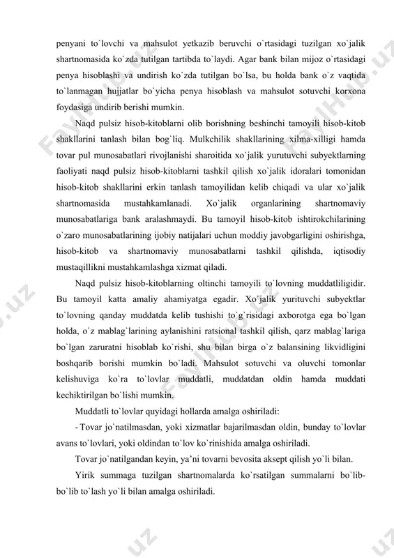chi tomonlar kelishuviga ko`ra to`lovlar muddatli, muddatdan oldin hamda muddati kechiktirilgan bo`lishi mumkin. muddatli to`lovlar quyidagi hollarda amalga oshiriladi: - tovar jo`natilmasdan, yoki xizmatlar bajarilmasdan oldin, bunday to`lovlar avans to`lovlari, yoki oldindan to`lov ko`rinishida amalga oshiriladi. tovar jo`natilgandan keyin, ya’ni tovarni bevosita aksept qilish yo`li bilan. yirik summaga tuzilgan shartnomalarda ko`rsatilgan summalarni bo`lib-bo`lib to`lash yo`li bilan amalga oshiriladi. muddati uzaytirilgan to`lovlar belgilangan muddatda to`lovni amalga oshirolmay qolgan hollarda, to`lov muddatini qandaydir muddatga cho`zish, ya’ni yangi to`lov muddatini belgilashni bildiradi. muddati uzaytirilgan to`lovlar tomonlarning moliyaviy ahvoliga zarar yetkazmagan holda shartnomaviy munosabatlar doirasida bo`lishi lozim. muddati kechiktirilgan to`lovlar to`lovchi korxonaning hisobvarag`idan hujjatda ko`rsatilgan summani to`lash uchun pul mablag`lari bo`lmagan holatda yuzaga keladi. agar korxona bankdan kredit olish huquqiga ega bo`lmasa, hujjat korxona hisobvarag`iga pul kelib tushgandan so`nggina belgilangan tartibda to`lanadi. banklarda mijozlarga bir qator hisobvaraqlar ochiladi. bular talab qilinguncha saqlanadigan depozitlar bo`yicha hisobvaraqlar, jamg`armali depozitlar va muddatli depozitlar bo`yicha hisobvaraqlardir. talab qilungungacha …