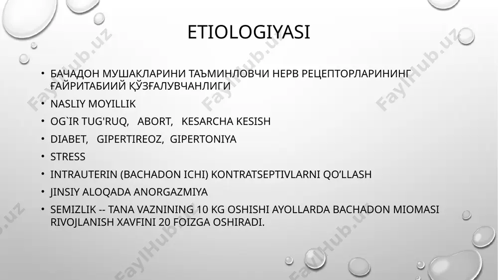 йиш мумкин yuqoridagilardan tashqari… bachadon arteriyalarini embolizatsiyalash (bachadondagi shishlarni qon bilan ta’minlovchi yo‘lni yo‘q qilish) shishlarni konservativ yo‘q qilish (laporoskopiya); kuchli ultratovushli davolash; bachadonni olib tashlash. vaqtida aniqlangan razmeri 2-2.5 sm dan oshmagan bachadon shishlarini oddiy gormonal davolash bilan yo‘q qilish mumkin operativ usulsiz davolash (quydagi hollarda qo`llaniladi) ayol klimaks davriga yaqinlashishi; mioma o’lchamlari 12 haftadan ko’p emas; miomaning sekin o’sishi; jiddiy alomatlar bo’lmasligi. konservativ davo kombinativ oral kontraseptivlar: dezogestrel+etinilestradiol (mersilon, marvelon, novinet), etinilestradiol+norgestrel (ovidon, rigevidon) -- 15 mm gacha bo’lgan bachadon miomatoz sohalarini kichraytiradi. og’riqni pasaytiradi. gonadotropin-rilizing-gormon antogonistlari bachadon miomatozi sohalari kattaligini 50% gacha qisqartirishi mumkin, biroq kasallikning qaytalanishi xavfi mavjud triptorelin (dekapeptil, diferelin), buserelin, gozerelin (zoladeks), leyprorelin (lykrin depo) antiporgestagenlar bachadon miomasini kichraytiradi, og’riqni kamaytiradi. jarrohlikdan oldingi mioma terapiyasi sifatida tavsiya etilishi mumkin fut-ablyatsiya (zamonaviy usul) fokuslangan ultratovushli ablyatsiya — bachadon miomasini jarrohliksiz davolashning progressiv usulidir. muolajaning tamoyili — bu fokuslangan ultratovush (fut) impulslari yordamida bachadondagi miomatoz tugunlarini …