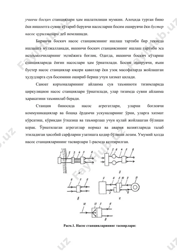 олиш мақсадида, панжара ва тўрлар, оқоваларни узатиш станциялари шунингдек панжара ва майдалагич ускуналари билан жихозланган бўлиши керак. насос станциялари ишини ишончли олиб бориш мақсадида, уларнинг ишончлилик тоифаларига боғлиқ ҳолда, барча қурилма ва ускуналар ҳамда тармоқлар захираланишлари зарур. янги қурилган насос станциясини давлат қабул комиссияси томонидан ишга қабул қилингандан кейин доимий фойдаланишга рухсат берилади. 1. насос ва ҳаво узатиш станциялари ишини бошқариш тузилмаси сув таъминоти ва оқоваларни оқизиш тизимларининг насос станциялари ишини бошқариш, вазирлик ёки унга тенглаштирилган агентлик томонидан тасдиқланган, низом ва йўриқномалар асосида амалга оширилади. насос станциясининг ишлаш тартиби олдиндан ишлаб чиқилган ва корхона бош мухандиси томонидан тасдиқланган график асосида, уни тезкор бошқариш эса диспетчер хизмати ва насос станция бошлиғи томонидан олиб борилади. ўртача ўтказиш қобилиятига эга бўлган насос станцияларида (25-150 минг м3/к-к), электр ва механик қурилмаларни таъмирлаш ишлари билан шуғулланадиган электрмеханика цехи ёки гуруҳи ташкил қилинади. электрмеханика цехида электр ускуналари, назорат-ўлчов асбоблари, автоматика курилмалари, масофавий бошқариш қурилмалари ва бошқа …