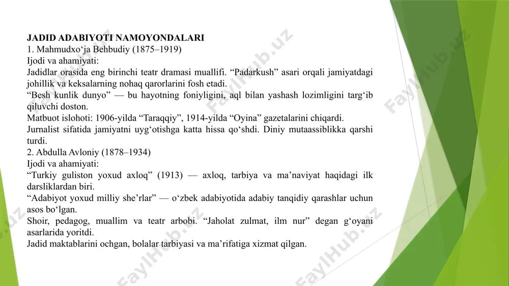 anlar. ayniqsa, abdurauf fitratning bu yo‘ldagi mehnati meni juda hayratda qoldirdi. uning asarlarida nafaqat ilm, balki yurak nidosi, og‘riq, mas’uliyat, vijdon bor. fitrat o‘z davrini o‘zgartirishga, xalqini uyg‘otishga harakat qilgan, shuning uchun ham u o‘qituvchi, siyosatchi, adib, hatto sahna orqali so‘zlaguvchi ham bo‘la oldi. u ayollarning huquqi haqida ham, yoshlarning tarbiyasi, dinning asl mohiyati haqida ham gapirdi — bu meni juda ilhomlantirdi. jadidlar xalqni kuch bilan emas, ilm bilan o‘zgartirmoqchi bo‘lgan. men ham shu yondashuvni o‘zim uchun ibrat deb bilaman. bugun biz ulardan o‘rganishimiz, ularning orzularini davom ettirishimiz kerak. fitrat va boshqa jadidlarning merosi — bu o‘tmish emas, bu hozirgi kun uchun ham yo‘lchi yulduzdir. foydalanilgan adabiyotlar ro‘yxati jadidlar to‘plami. toshkent, 2008. – 432 bet. (abdurauf fitrat haqidagi ma’lumotlar: 125-142 betlar) abdurauf fitrat. asarlar to‘plami. toshkent, 2010. – 320 bet. (jadidchilikdagi roli haqida: 30-55 betlar) zaynabidin abdirashidov. fitrat va buxoroda jadidchilik. “o‘zbek tili va adabiyoti”, 2019, №4. – 12-24 betlar. …