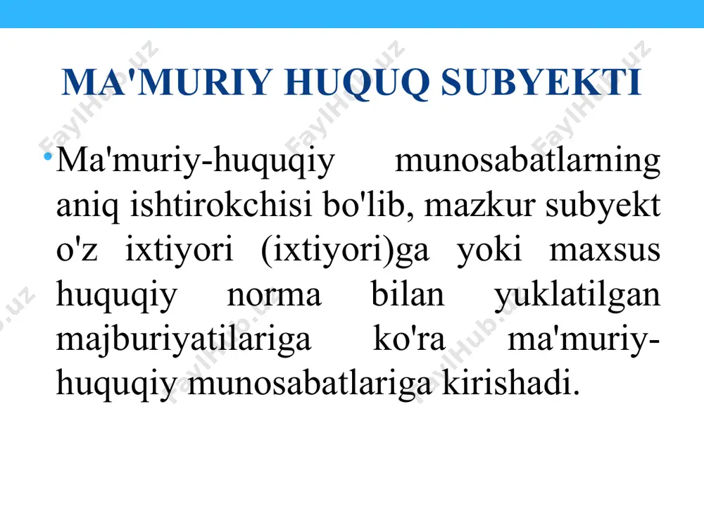 ik boshqaruv organlari: aktsiyadorlik kompaniyalari, shu jumladan davlat-aktsiyadorlik kompaniyalari uyushmalar. ijro hokimiyati organlari o'zbekiston respublikasining «o'zbekiston respublikasi vazirlar mahkamasi to'g'risida» gi qonuni – yangi tahrirda (2019 yil 10 dekabr`,o'rq-591-son) o'zbekiston respublikasining «mahalliy davlat hokimiyati to'g'risida»gi qonuni (1993 yil 2 sentyabr`, 913-xii-son) vazirlar mahkamasi — o'zbekiston respublikasi hukumati ijro etuvchi hokimiyatning oliy organi. vazirlar mahkamasi o'zbekiston respublikasida ijro etuvchi hokimiyatning yagona tizimiga rahbarlik qiladigan kollegial organdir. (vm to'g' qonun 3-m) viloyat, tuman, shahar hokimi viloyat, tuman va shaharning oliy mansabdor shaxsi bo'lib, ayni bir vaqtda tegishli hududdagi vakillik va ijroiya hokimiyatini boshqaradi. viloyat hokimi, toshkent shahar hokimi o'zbekiston respublikasi prezidenti va tegishli xalq deputatlari kengashi oldida hisobdordirlar. tuman, shahar hokimi yuqori turuvchi hokim va tegishli xalq deputatlari kengashi oldida hisobdordir. (mdh to'g' qon 1-m) davlat xizmatchilari davlat organlari vakolatlarini ta'minlashga qaratilgan kasbiy xizmat faoliyati. davlat xizmati davlat organlari funktsiyalarini amalga oshirishni nazarda tutgan tashkilotlarda bo'ladi. davlat organi xususiyatlari ma'muriy organ ma'muriy …