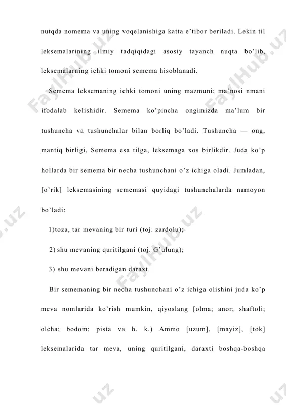 joyib] leksema sememalarining belgining darajasiga ko’ra ajratiluvchi ziddiyat belgilari ham atash semala​ridir. bu qatordagi so’zlarining atash semalarini quyidagicha ko’rsatish mumkin: 1) «belgi», 2) «barqaror belgi», 3) «sifat belgi», 4) «shaxsiy baho», «ijobiy», 5) «ichki-tashqi». ushbu atash semalari qayd etilgan so’zlarning barchasi uchun umumiydir. ayni semalar orasidagi farq esa belgining me’yordan ikki pog’ona («tuzuk»da), bir pog’ona («durust»da) pastligi, me’yordaligi («yaxshi»da), me’yordan bir pog’ona yuqori («ajoyib»da) ekanligidadir. [ota], [ona], [aka], [ona] leksema sememalaridagi atash semalarini quyidagicha ajratish mumkin: 1) «qarindosh», 2) «qon-qarindosh», 3) «bevosita mendan katta». bu uch sema har to’rtala leksema sememalari uchun umumiydir. «i avlod» semasi. [ota], [ona], ni [aka], [opa] dan ajratadi. chunki keyingi ikki leksema sememasi uchun 6) «men» bilan bir avlodga mansublik» semasi xosdir. [ota] va [ona], [aka] va [opa] leksema sememalari 7) «erkak jinsiga mansub»; 8) «ayol jinsiga mansub» semalariga ko’ra o’zaro farqlanadi. demak: [ota] = qarindosh, qon = qarindosh, bevosita «men» dan katta; «i avlod», …