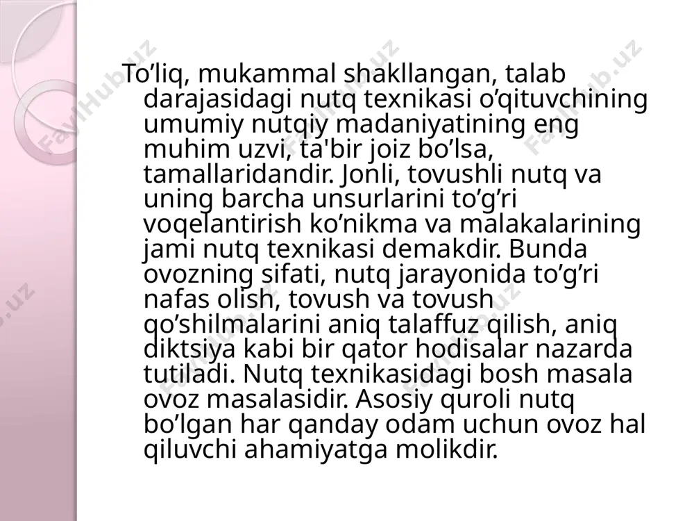 i charchamaganligi, matеrialni qanday qabul qilayotganligidan kеlib chiqqan holda nutq tеmpini tanlasa, uni o’rni bilan o’zgartirib tursa, ham pеdagogik, ham psixologik jihatdan to’g’ri bo’ladi nutq tеxnikasida diktsiya masalasi ham alohida o’rin tutadi. har bir tovush, so’zning to’g’ri va aniq talaffuz qilinishi, nutq oqimida so’z shakllari va gaplarning "chaynal­masligi", ayniqsa, o’qituvchi nutqi uchun jiddiy talablardandir. taassufki, ba'zan o’qituvchilar nutqida ham diktsiya noaniqligi bilan bog’liq nuqsonlar kuzatiladi. masalan, ba'zan "z" tovushini jarangsiz "s" tovushiga moyil tarzda talaffuz qilish uchraydi. image2.jpeg image3.jpeg image4.jpeg image5.jpeg image6.png image7.wmf /docprops/thumbnail.jpeg