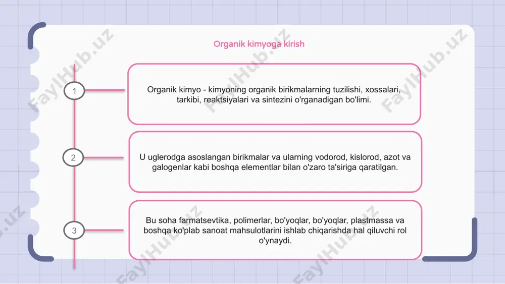 rioya qilishni o'z ichiga oladi. organik birikmalarni nomlash qoidalari molekuladagi atomlarning turi va joylashishiga bog'liq. ular alkanlar, alkenlar, alkinlar, aromatik birikmalar va funktsional guruhlarni nomlashni o'z ichiga oladi. murakkabni nomlash uchun avvalo molekuladagi eng uzun uzluksiz uglerod zanjiri bo'lgan ona zanjirini aniqlash kerak. u yerdan qo'shimcha guruhlar va o'rinbosarlar nomlanadi va mos ravishda raqamlanadi. organik kimyoviy bog'lanish organik kimyo - kimyoning organik birikmalarning tuzilishi, xossalari, tarkibi, reaktsiyalari va sintezini o'rganadigan bo'limi. organik kimyoviy bog'lanish deganda ikki yoki undan ortiq organik molekulalar o'rtasida hosil bo'lgan kimyoviy bog'lanish tushuniladi. bu bog'lanishlar odatda kovalent tabiatga ega, ya'ni ular atomlar o'rtasida elektron almashishni o'z ichiga oladi. organik kimyoda funktsional guruhlar funktsional guruhlar molekula ichidagi atomlarning kimyoviy xossalarini aniqlaydigan maxsus guruhlardir. organik kimyo bu funktsional guruhlar va ularning reaktsiyalarini o'rganadi. ba'zi umumiy funktsional guruhlarga gidroksil, karboksil va aminokislotalar kiradi. 1 2 3 organik birikmalardagi izomeriya organik birikmalardagi izomeriya - bu birikmalar bir xil molekulyar formulaga …