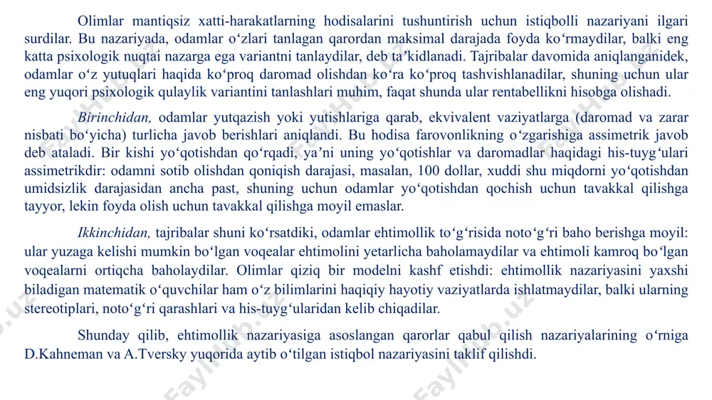 haqi yuqori bo‘lganda ishlagan soatlar ko‘proq bo‘lishi haqidagi taxminidan farq qiladi. ushbu tadqiqot natijalarining talqini shundan iboratki, taksi haydovchilari ishchi kuchi ta’minoti uchun “bir vaqtning o‘zida bir kun”ning aqliy hisobini o‘rnatadilar va bo‘sh kunlik daromad maqsadini ma’lumotning muhim nuqtasi sifatida belgilaydilar va bu ma’lumotning muhim nuqtasiga erishgandan so‘ng ishdan ketishadi. ushbu talqinda taksi haydovchilari kunlik daromadni yo‘qotishlar nazdida baholaydilar va yo‘qotishdan qochish kunlik daromad ma’lumotning muhim nuqtasiga yetguncha ishlaydi. foydali manbalar: https://en.wikipedia.org/wiki/behavioral_economics https://www.behavioraleconomics.com https://ru.wikipedia.org/wiki/поведенческая_экономика file:///c:/users/user/downloads/2_abrorov_xasanboyeva++12-20.pdf file:///c:/users/user/downloads/867%20(2).pdf e’tiboringiz uchun rahmat! image1.png image2.jpg image3.jpg image4.jpg image5.jpg image6.jfif /docprops/thumbnail.jpeg