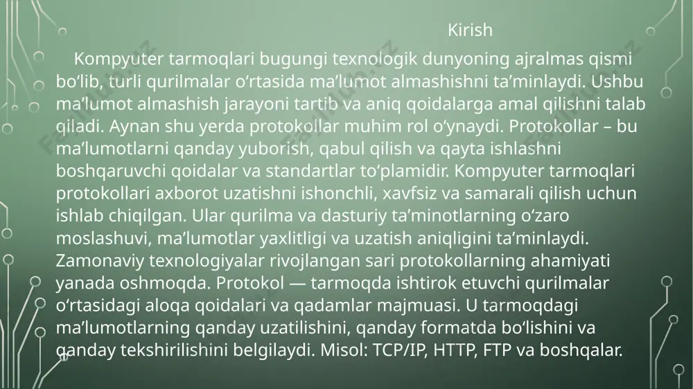 oq qurilmalari o'rtasida ma'lumotlarni uzatish va almashishni boshqaruvchi qoidalar to'plamidir. protokollar tarmoqning barcha bosqichlarida, ya'ni fizik ulanishdan tortib, foydalanuvchi ilovalarigacha ishlaydi. har bir protokol o‘z vazifasini bajaradi, masalan, ma’lumot uzatish (tcp, udp), xavfsizlikni ta’minlash (ssl/tls), yoki tarmoq manzillash (ip). zamonaviy tarmoqlarda bir nechta protokollar birgalikda ishlaydi va "protokol stack" (protokol qavati) hosil qiladi. protokollar tarmoqlar ishonchliligi, samaradorligi va xavfsizligini ta'minlaydi. ular internet, lokal tarmoq, hamda simsiz tarmoqlarni boshqarishda asosiy rol o‘ynaydi. raqamli iqtisodiyotning rivojlanishi bilan, protokollarning ahamiyati tobora ortib bormoqda. foydalanilgan adabiyotlar andrew s. tanenbaum, "computer networks", 5th edition. douglas e. comer, "internetworking with tcp/ip". james f. kurose, "computer networking: a top-down approach". vikipediya - tcp/ip haqida tecnobits - tcp/ip va udp haqida eyewated - internet protokollari haqida image2.png image3.png image4.png /docprops/thumbnail.jpeg