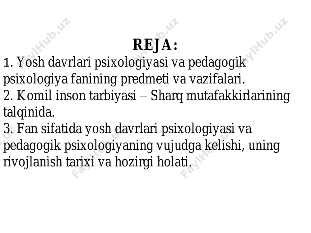 qariyalar (gerontopsixologiya) psixologiyasi kabi sohalardir. yosh davrlari psixologiyasi fanining nazariy vazifalari shaxsning kamol topishi qonuniyatlari va turli yosh davrdagi odamlarda namoyon bo’ladigan psixik faoliyat, holat va shart-sharoitlarining o’zaro ta’siri xususiyatlarini o’rganishdan iboratdir. yosh davrlar psixologiyasi fanining amaliy vazifalarini esa psixik jarayonlarning namoyon bo’lishi va rivojlanishi, shuningdek inson shaxsi psixologik xususiyatlarining tarkib topishi qonuniyatlarini o’rganishda qo’lga kirgan ilmiy dalillarini ta’lim-tarbiya sohalariga tadbiq etish tashkil etadi. pedagogik psixologiya-psixologiya ilmining tarmog’i sifatida, ta’lim va tarbiyaning shaxsga samarali ta’sir etuvchi omillari, qonuniyatlari va mexanizmlarini o’rganuvchi fandir. bolalar va yoshlarning maktabdagi hamda ta’lim- tarbiya muassasalaridagi faoliyat va hatti- harakatlarining psixologik qonuniyatlarini o’rganuvchi pedagogik psixologiya ikki fanni, ya’ni psixologiya va pedagogika fanlarining tutashgan joyidan o’rin egallagandir. pedagogik psixologiyaning predmeti maktabda bilim, ko’nikma va malakalarni egallash qonuniyatlarini, bu jarayonlarda sodir bo’ladigan individual tafovutlarni, o’quvchilarda faol, mustaqil va ijodiy tafakkurni tarkib toptirish qonuniyatlarini tadqiq etishdir. shuningdek, pedagogik psixologiya ta’lim-tarbiyaning ta’siri oqibatida o’quvchilar psixikasida sodir bo’ladigan o’zgarishlarni, o’quv materiallarining …