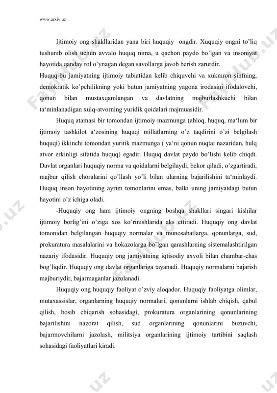 ajarmovchilarni jazolash, militsiya organlarining ijtimoiy tartibini saqlash sohasidagi faoliyatlari kiradi. huquqiy ong huquqiy munosabatlarga ayrim kishilar, ijtimoiy guruhlar, millatlar, siyosiy partiyalar, tashkilotlar, jamoat tashkilotlarining mavjud huquqqa, huquqiy tartiblarga, sud, prokuratura, militsiya organlariga munosabatlari kiradi. shuningdek, qonunlarni ishlab chiqaruvchi, qabul qiluvchi, amalga oshiruvchi, bajarilishini nazorat qiluvchi organlarning o’zaro munosabatlariga kiradi. huquqiy ong tomonidan «adolat», «qonunchilik», «jinoyat», «jazo», «ijtimoiy tartib» singari kategoriyalari va xilma-xil huquqiy qarashlar, nazariyalar ishlab chiqiladi. bularga tayangan holda huquqiy normalar va qonunlar asoslanadi va ishlab chiqilib joriy qilinadi. huquqiy ong huquqiy madaniyat bilan jambar-chas bog’liqdir. hozirgi davrda ya‘ni biz huquqiy demokratik davlat qurayotganimizda ayniqsa huquqiy madaniyatni yuksaltirishimiz darkor «huquqiy madaniyat darajasi, deydi. i. karimov faqatgina qonunlarni bilish, huquqiy ma‘lumotlardan xabardor bo’lishgina emas, u qonunlarga amal qilish va ularga bo’yso’nish madaniyati demakdir. u odil sudni xurmat qilish, o’z haq-huquqlarini himoya qilish uchun sudga murojaat etish demakdir». ho’sh huquqiy madaniyat o’zi nima degan savol paydo bo’ladi. u umumiy madaniyatning muhim …