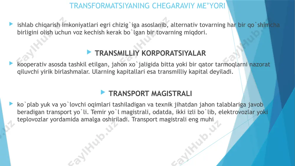 siy kapital amortizatsiyasi, ish haqi va ijtimoiy sugʻurtaga ajratmalar, foiz toʻlovlari va boshqa xarajatlar kiradi. ishlab chiqarish xarajatlariga qilingan barcha xarajatlarning puldagi ifodasi mahsulot tannarxining tashkil qiladi. ishlab chiqarish xarajatlarni oʻrganishga iqtisodchilar turlicha yondoshadilar. jumladan, harajatlarning qiymat nazariyasiga koʻra, ishlab chiqarish xarajatlar quyidagi turlarga boʻlinadi: doimiy harajatlar: — korxona toʻlov majburiyatlari, soliqlar, amortizatsiya ajratmalari, ijara haqi, qoʻriqlash xizmati harajatlari, boshqaruv xodimlari maoshi va b; oʻzga-ruvchan harajatlar: — xom ashyo, materiallar, yonilgʻi, transport xizmati, ishchilar ish haqi va shu kabilar uchun harajatlar. . transaksion xarajatlar – bozorda tovarlarni sotishda egalik huquqini aniqlash va uni berish bilan bog’liq xarajatlar. ishlab chiqarish xarajatlarining mohiyati. bozor iqtisodiyoti sharoitida har qanday korxonani asosiy maqsadi foydaolishdir. ammo ushbu maqsadni amalga oshirish, unga erishish, ishlab chiqarishxarajatlarini miqdori va korxona ishlab chiqaradigan mahsulotga bo`lgan talab bilanchegaralangandir. bozor iqtisodiyoti sharoitida har qanday korxonani asosiy maqsadi foydaolishdir. ammo ushbu maqsadni amalga oshirish, unga erishish, ishlab chiqarishxarajatlarini miqdori va korxona ishlab …