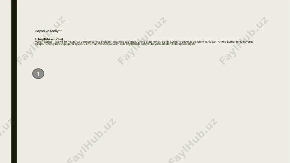 . 3. berk k. "xristianlik: tarix va madaniyat", moskva, 2009. 4. ozment, stiven. "islohotlar davri, 1250-1550", yel universiteti nashriyoti, 1980. 5. elizabet a. "reformatsiya va protestantizm", moskva, 2015. 6. lyuter m. "o‘zbekiston milliy ensiklopediyasi", toshkent, 2006. 7. "reformatsiya harakati tarixi" - o‘zbekiston milliy universitetining maxsus kurs ma’ruzalari, toshkent, 2019. 8. britannica ensiklopediyasi. "martin lyuter haqida maqola" (onlayn manba). image1.png image2.png image3.png /docprops/thumbnail.jpeg