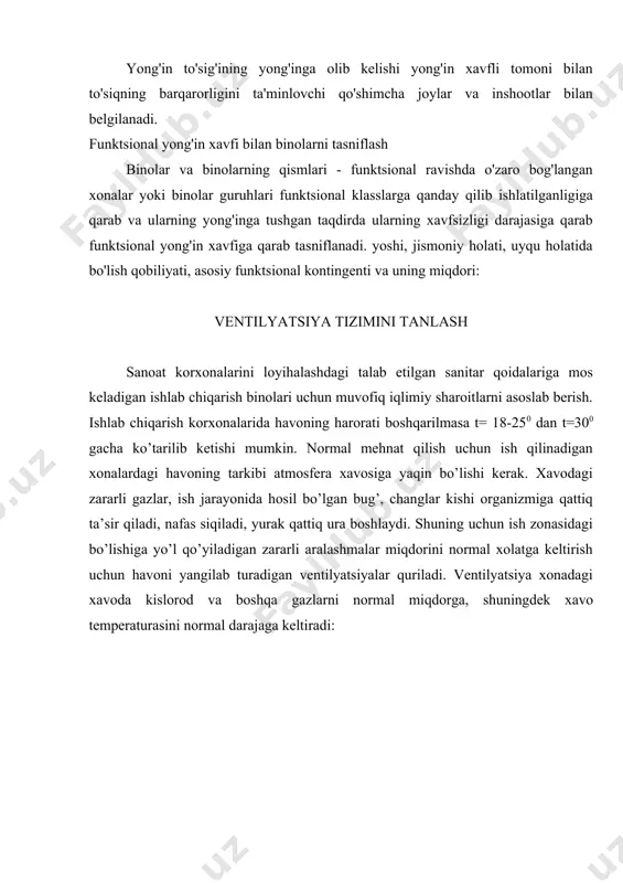adigan xonalardagi havoning tarkibi atmosfera xavosiga yaqin bo’lishi kerak. xavodagi zararli gazlar, ish jarayonida hosil bo’lgan bug’, changlar kishi organizmiga qattiq ta’sir qiladi, nafas siqiladi, yurak qattiq ura boshlaydi. shuning uchun ish zonasidagi bo’lishiga yo’l qo’yiladigan zararli aralashmalar miqdorini normal xolatga keltirish uchun havoni yangilab turadigan ventilyatsiyalar quriladi. ventilyatsiya xonadagi xavoda kislorod va boshqa gazlarni normal miqdorga, shuningdek xavo temperaturasini normal darajaga keltiradi: