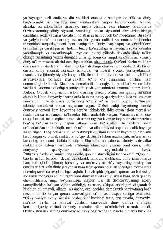 iloyatlarda kalom, hadis, fiqh, aqida ilmi va tasavvufni oʻrganishga ixtisoslashgan bir qancha ilmiy markazlarning ochilgani ham tahsinga sazovor ishlardan hisoblanadi. o‘zbekiston respublikasi prezidenti shavkat mirziyoev rahbarligida hayotga tatbiq etilayotgan keng koʻlamli islohotlar mamlakatimizda elatlar orasidagi ahillik va diniy bagʼrikenglik muhitini shakllantirish uchun mustahkam asos boʻlib xizmat qilmoqda. 2017-2021-yillarda o‘zbekiston respublikasini rivojlantirishning beshta ustuvor yoʻnalishi boʻyicha harakatlar strategiyasida xavfsizlik, diniy bagʼrikenglik va millatlararo totuvlikni taʼminlashga alohida eʼtibor qaratildi. so’nggi yillarda diniy-maʼrifiy yo’nalishlarda ko’pgina islohotlarning amalga oshirilganini ta’kidlashimiz mumkin. bu islohotlar albatta oʻzbekistonda istiqomat qilayotgan elatlar orasida ahillik va diniy bagʼrikenglik muhitini shakllantirishga xizmat qilishi shubhasizdir. oʻzbekiston prezidenti tashabbusi bilan faoliyat koʻrsatishni boshlagan ushbu ziyo maskanlari islom dinining haqiqiy insonparvarlik va ezgulik mazmunini anglab yetishimizga xizmat qiladi. soʻnggi yillarda oʻzbekistonda din va ma’rifat sohalarida bir qator keng koʻlamli islohotlar amalga oshirildi. jahon hamjamiyati mamlakatda https://kompy.info/2-mavzu-sanoat-korxonalarni-rivojlantirish-strategiyasini-shak.html yashayotgan turli etnik va din vakillari orasida oʻrnatilgan doʻstlik va diniy bagʻrikenglik rishtalarining musthkamlanishini yuqori baholamoqda. ammo, …