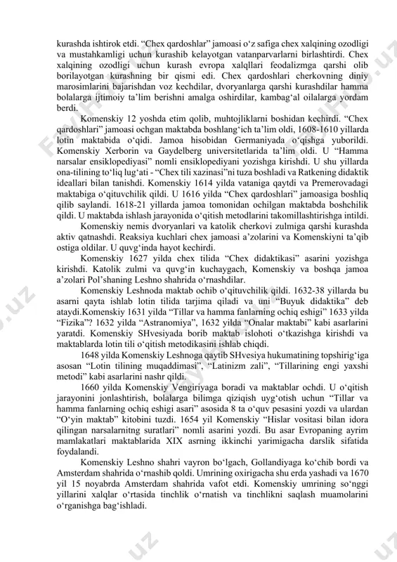 chi qoida – unga ko‘ra inson o‘z fazilatlarini me‘yorlashtiradi, qaysarligini jilovlaydi, ahmoqlikka qarshi turoladi. barcha narsani poklash qudratiga ega suv uning ramzi dedilar. beshinchi qoida – samimiyat, pok niyat, hur fikr, saxiylik va vijdonlilik. inson xudbinlikni chetlay oladi, deydi konfutsiy va saxovatli yerni shunday fazilatlar ramzi deb ta‘riflaydi. tsyuyfuda konfutsiy nomi bilan bog‘liq uchta ziyoratgoh bor. bular konfutsiyga ta‘zim kunmyao saroyi, konfutsiy va uning avlodi yashagan kunfu mavzesi hamda konfutsiy dafn etilgan kunlin qabristonidir. yan.a.komenskiyning pedagogik nazariyasi mashhur donishmand, chexoslaviyalik gumanist-pedagog ya.a.komenskiy demokratik pedagogikaning asoschisi sifatida bashariyat tarixidan o‘rin oldi. u o‘zining amaliy hayotini, pedagogik faoliyatini, ilmiy asarlarini, xalq bolalarini o‘qitish va tarbiyalashda bag‘ishladi. a.ya.komenskiyning xizmati shundaki, u yosh avlodni o‘qitish va tarbiyalash haqidagi fan pedagogika fanining vazifalarini payqabgina qolmasdan, balki pedagogik ilmining poydevorini qurdi va rivojlanish yo‘llarini ko‘rsatib o‘tdi. yan amos komenskiy 1592 yil 25 martda chexoslavakiyaning moraviyada “chex qarindoshlari” jamoasiga taalluqli oilada tug‘ildi. komenskiylar oilasi moraviyada koman qishlog‘idan …