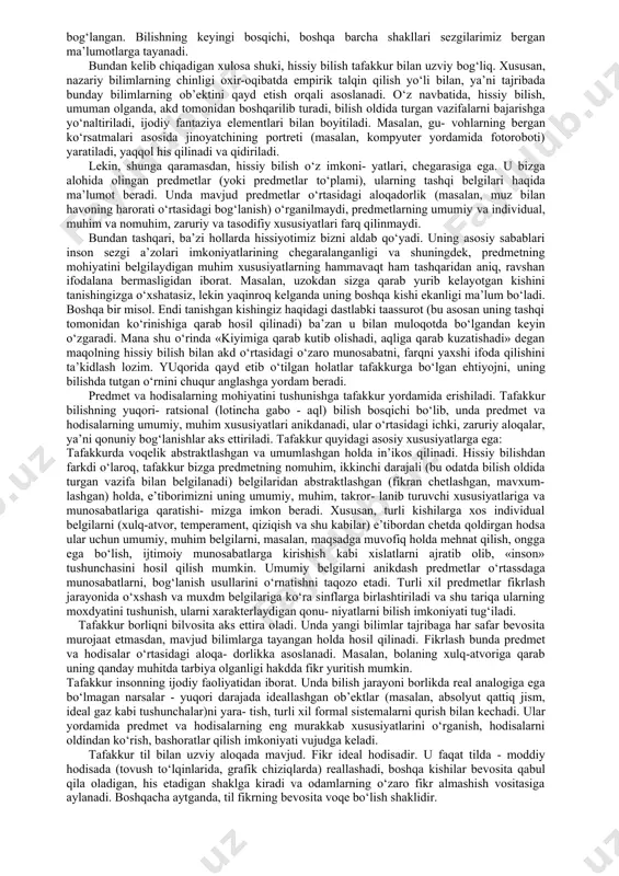 ing tashqi xususiyatlari va munosabatlari, ya’ni ularning tashqi tomonida bevosita namoyon bo‘ladigan va shuning uchun xam inson bevosita seza oladigan belgilari haqida ma’lumotlar olinadi. [1: ] hissiy bilish uch shaklda: sezgi, idrok va tasavvur shaklida amalga oshadi. sezgi predmetning birorta tashqi xususiyatini (masalan, rangini, shaklini, ta’mini) aks ettiruvchi yaqqol obrazdir. idrok predmetning yaxlit yaqqol obrazi bo‘lib, u mazkur predmet haqidagi turli xil sez- gilarni sintez qilish natijasida hosil bo‘ladi. alohida olingan sezgilardan farkdi o‘laroq, idrok berilgan pred- metni boshqa predmetlardan (masalan, olmani behidan, nokdan va shu kabilardan) farq qilish imkonini beradi. tasavvur esa avval idrok etilgan predmetning obrazini ma’lum bir signallar (berilgan predmet bilan ma’lum bir umumiylikka ega bo‘lgan) ta’sirida miyada qayta hosil qilishdan yoki shu va boshqa obrazlar negizida yangi obraz yaratishdan iborat hissiy bilish shaklidir. masalan, tanishingizga o‘xshagan kishini uchratganda tanishingizni eslaysiz yoki qurmoqchi bo‘lgan imoratingizni mavjud imo- ratlar obrazlari yordamida yaqqol his qilasiz. hissiy bilishning barcha shakllariga …