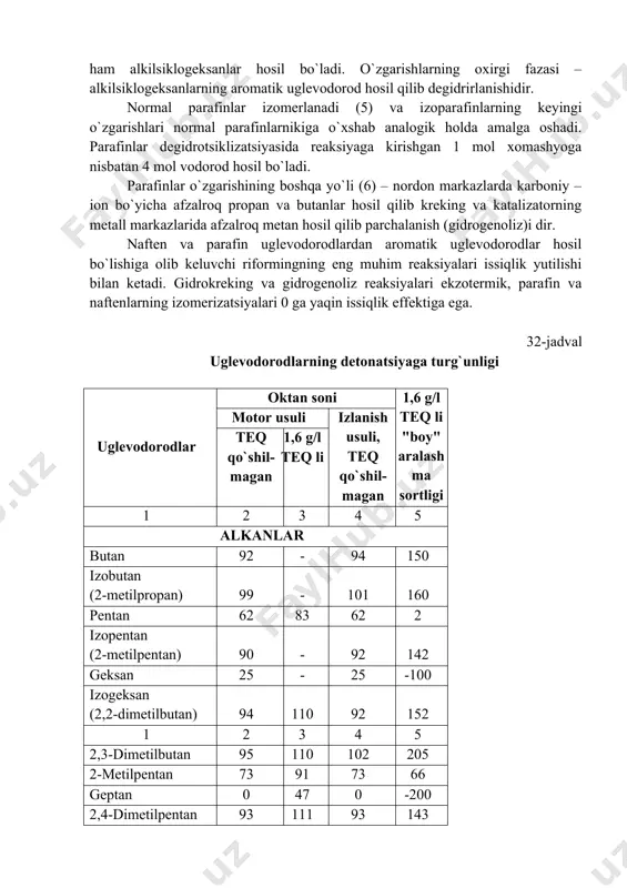 ksilol 100 101 100 -15 m-ksilol 103 105 100 265 n-ksilol 103 105 100 265 kumol (izopropilbenzol) 99 102 108 280 naften va parafin uglevodorodlarning aromatik uglevodorodlarga aylanish reaksiyalari qaytar bo`lib, muvozanatli o`zgarishlar chuqurligi harorat va ilk uglevodorodlar molekulyar massalarining o`sishi bilan ortib boradi. riformingning asosiy mahsulotlari – vodorod saqlovchi gaz va suyuq fraksiya – yuqori oktanli riformatdir (32-jadvalga qarang). qisman vodorod sirkulyatsiyalanayotgan vodorod saqlovchi gazdagi yo`qotishlar o`rnini to`latishga ishlatiladi. vodorodning ko`proq qismi neft mahsulotlarini gidrokreking va gidrotozalash qurilmalariga yo`naltiriladi. platinali katalizatordagi riforming jarayonidagi 90% (hajmiy) konsentratsiyali texnik vodorodnng salmog`i 0,7-1,5% (hajmiy) ni tashkil etadi. barqarorlashtirish orqali vodorod – saqlovchi gazdan quruq gaz (c1-c2 yoki c1-c3) va suyultirilgan gazlar (c3-c4) ham ajratib olinadi. riformat – avtomobil benzinlarining yuqori oktanli komponenti (motor usuli bo`yicha oktan soni 85 yoki izlanish bo`yicha 95) dir. katalitik riforming benzini 50-60% (massaviy) arenlar, 30% (mass.) ga yaqin alkanlar, 10-15% (mass.) sikloalkanlar va 2% (mass.) dan kamroq …