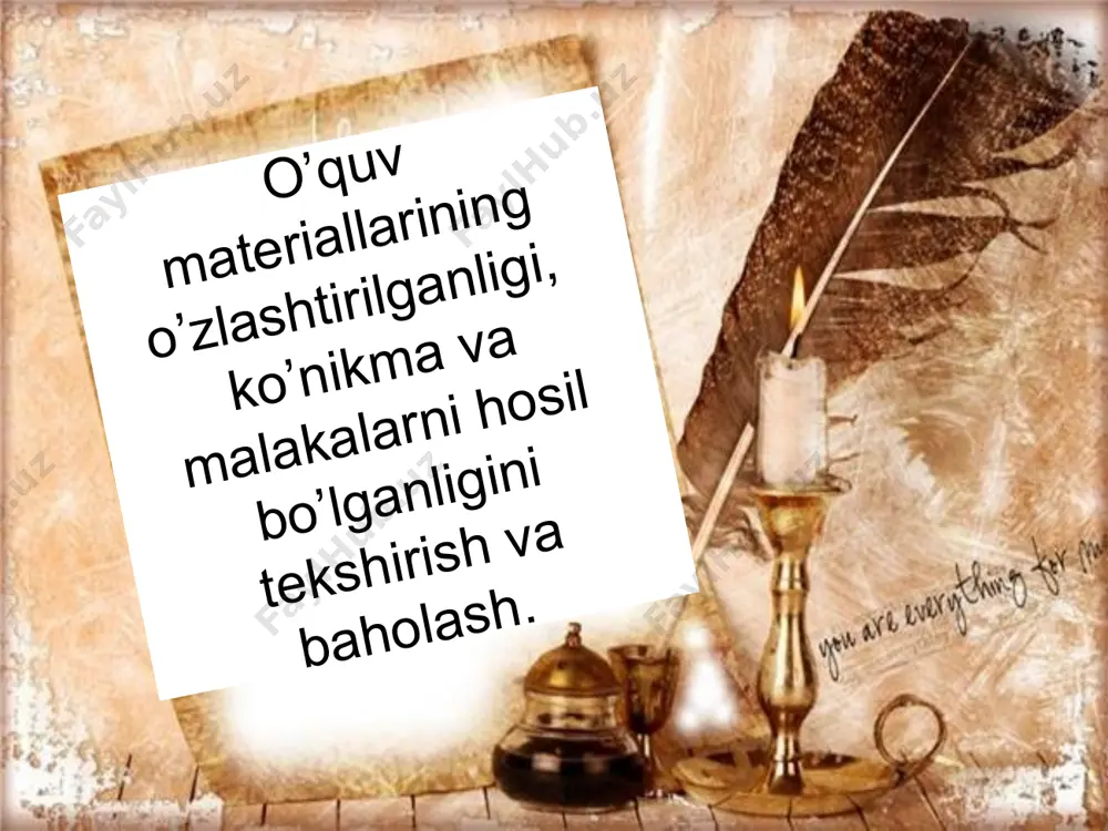 bu harakatlarning ketma-ketligini o`ylab ko`rishdan ozod qiladi. ta`lim oluvchilar tomonidan o`quv materilalari o`zlashtirilganligini, ko`nikma va malakalar xosil bo`lganligini tekshirish va baholash ta`lim jarayonining zarur tarkibiy qismi hisoblanadi. bu faqat o`qitish natijalarini nazorat qilish emas, balki o`quv jarayonining turli bosqichlarida ta`lim oluvchilarning bilish faoliyatiga rahbarlik qilish hamdir. baholash - ta`lim jarayonining ma`lum bosqichida o`quv maqsadlariga erishilganlik darajasini oldindan belgilangan mezonlar asosida o`lchash, natijalarni aniqlash va tahlil qilishdan iborat jarayondir. e`tiboringiz uchun rahmat! image1.jpeg image2.jpeg image3.jpeg image4.jpeg image5.jpeg image6.jpeg image7.jpeg image8.jpeg image9.jpeg image10.jpeg image11.jpeg image12.jpeg image13.jpeg image14.jpeg image15.jpeg image16.jpeg