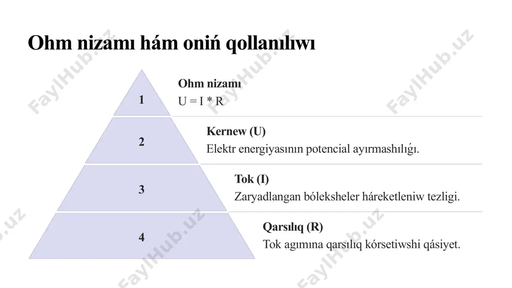 malastırılatuǵın elektron qurilmalar bolıp, olar hár qıylı wazıypalardı orınlaw ushın programmalastırıw múmkin. mikrokontroller - bul kishi ólshemdegi, biraq júdá qúdiretli mikroprocessorlar bolip, olar kompyuter sistemalarınıń ayırım funkciyaların óz ishine aladı. 3 sensorlar qorshagan ortalıqtaǵı hár qıylı ózgerislerdi anıqlaw ushın qollanıladı (temperatura, jaqtılıq, basım, háreket). sensorlar - sırtqı ortalıqtan maglıwmatlardı ólshew hám qayta islewge imkan beretuģın elektron qurılmalar bolip, olar fizikalıq yamasa ximiyalıq ózgerislerdi seziw hám bul ózgerislerdi elektr signalına aylandırıwga arnalgan. 9 elektrotexnikanıń ámeliy qollanılıwı elektrotexnikanıń ámeliy qollanılıwı - bul elektrotexnika pániniń hár túrli tarawlarda, sanaatta, kúndelikli turmista hám texnologiyalıq sistemalarda qollanılıwı. elektrotexnika zamanagóy texnologiyalar hám infrastruktura sistemalarınıń tiykarı bolıp, ol elektr energiyasın islep shıǵarıwdan baslap, onı bólistiriw, isletiw hám basqarıwǵa shekemgi barlıq processlerde belsene qatnasadı. elektrotexnika hár bir taraw ushın zárúr bolǵan texnologiyalardıń tiykarı bolıp, onıń ámeliy qollanılıwı kúndelikli turmısımızdan baslap, joqarı texnologiyalıq sistemalarǵa shekemgi keń sheńberdegi tarawlardı óz ishine aladı. elektr energiyasın islep shıǵarıw, basqarıw hám uzatıwdan baslap, …