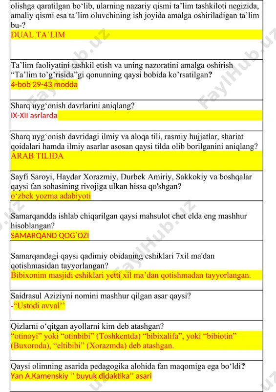 qaysi? -“ustodi avval’’ qizlarni o‘qitgan ayollarni kim deb atashgan? “otinoyi” yoki “otinbibi” (toshkentda) “bibixalifa”, yoki “bibiotin” (buxoroda), “eltibibi” (xorazmda) deb atashgan. qaysi olimning asarida pedagogika alohida fan maqomiga ega bo‘ldi? yan a,kamenskiy ‘’ buyuk didaktika’’ asari qaysi olim o‘qitishni jismoniy mashqlar bilan qo‘shib olib borish zarurligini ta’kidlaydi. abu ali ibn sino pedagogika tarixini insoniyat tarixi bilan bog‘liqlikda o‘rganish maqsadida davrlashtirish necha davrdan iborat? 12 davrdan iborat o’quv qayda bo’lsa, ulug’lik bo’lar, bilim kimda bo’lsa, buyuklik bo’lar. o’quv qut beradi, bilim – sharaf-shon, shu ikkov tufayli ulug’dir inson. ushbu pedagogic misralar qaysi asarda keltrilgan? yusuf xos hojib ‘’qudatg`u bilig’’ asarida o‘zbekistonning yangi taraqqiyot davrida ta’lim-tarbiya va ilm-fan sohalarini yanada rivojlantirishning asosiy yo‘nalishlari berilgan to’g’ri javobni toping? 1.ta’lim tizimiga yuqori samarali xalqaro amaliyotni joriy etish, respublika ta’lim tashkilotlarini nufuzli xalqaro reytinglarga kiritish bo‘yicha tizimli ishlarni amalga oshirish. 2.pedagog xodimlarning kasbiy mahorati va faoliyat samaradorligini muntazam oshirib borish uchun zarur shart-sharoitlarni yaratish, malaka …